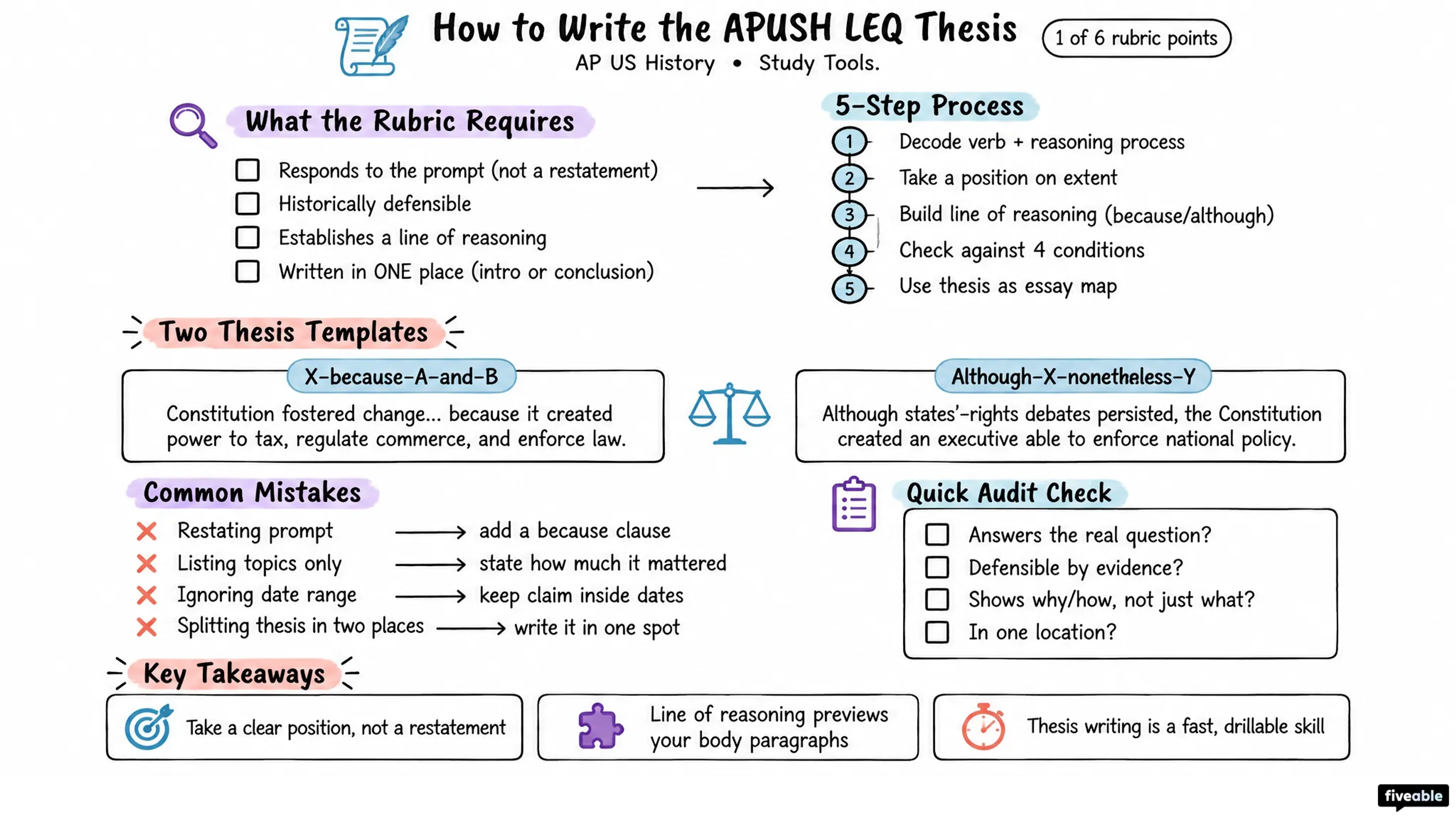 How to Write the APUSH LEQ Thesis - AP US History - Study Tools visual cheatsheet