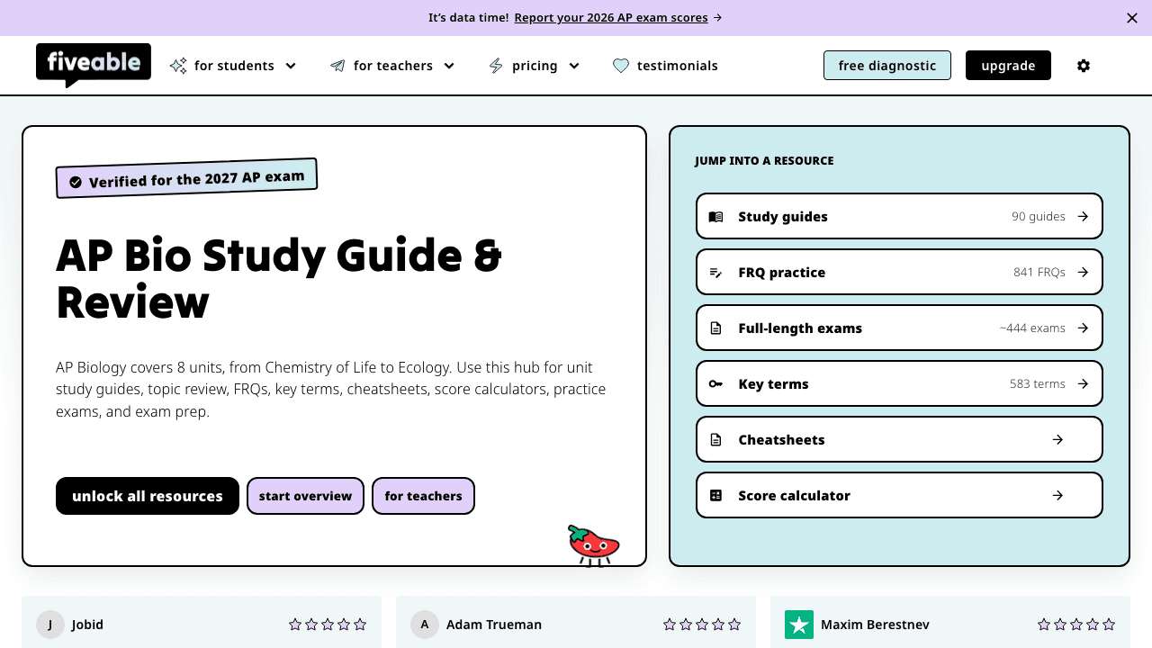 AP Biology subject hub showing a 2027 exam verification badge and a resource panel linking to study guides, FRQ practice, full-length exams, key terms, cheatsheets, and the score calculator