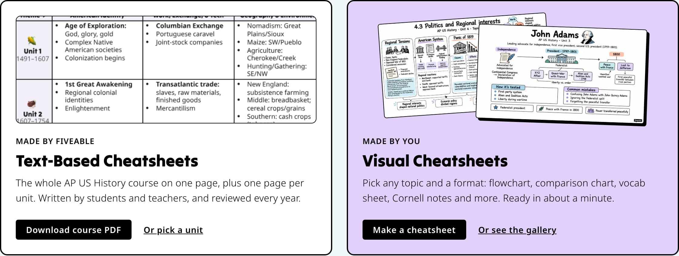 Text-based and visual cheatsheets for AP US History