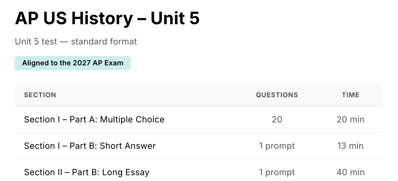 AP US History Unit 5 exam: 20 multiple choice, 1 short answer, 1 long essay