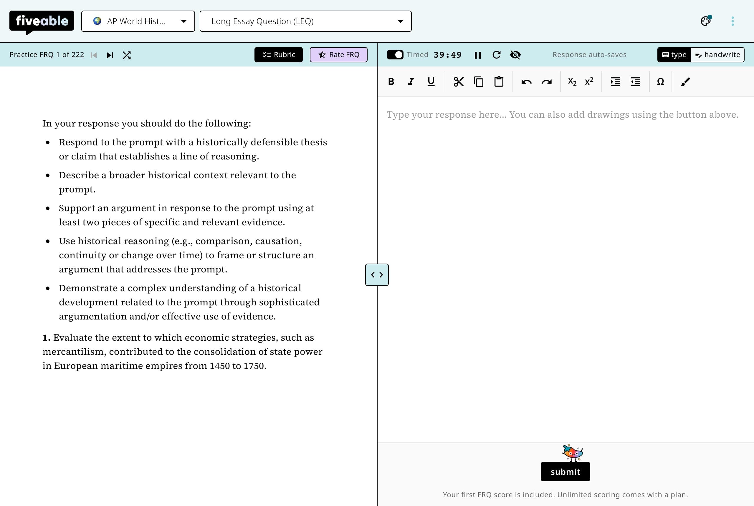 A student practices an AP free-response question