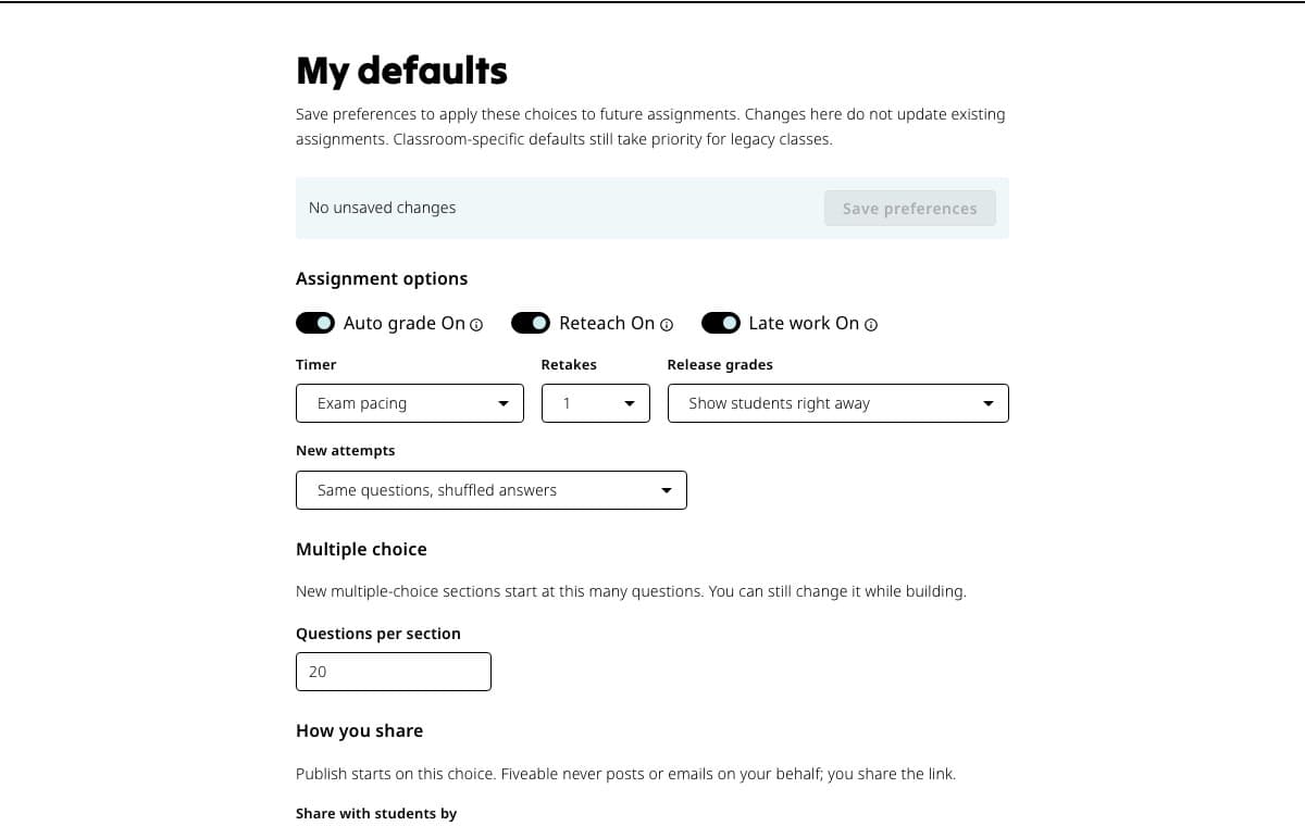 My defaults page with assignment options for grading, reteach, late work, timing, retakes, and grade release.