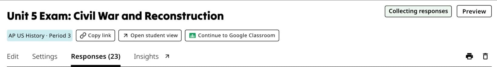 Published assignment header with Preview beside the Collecting responses status.
