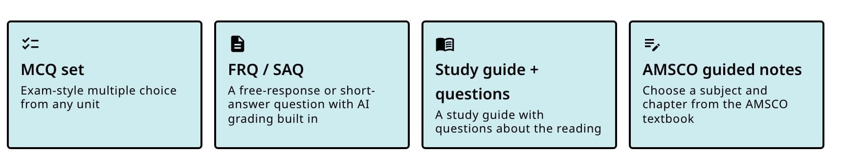 MCQ set, FRQ or SAQ, Study guide plus questions, and AMSCO guided notes assignment cards.
