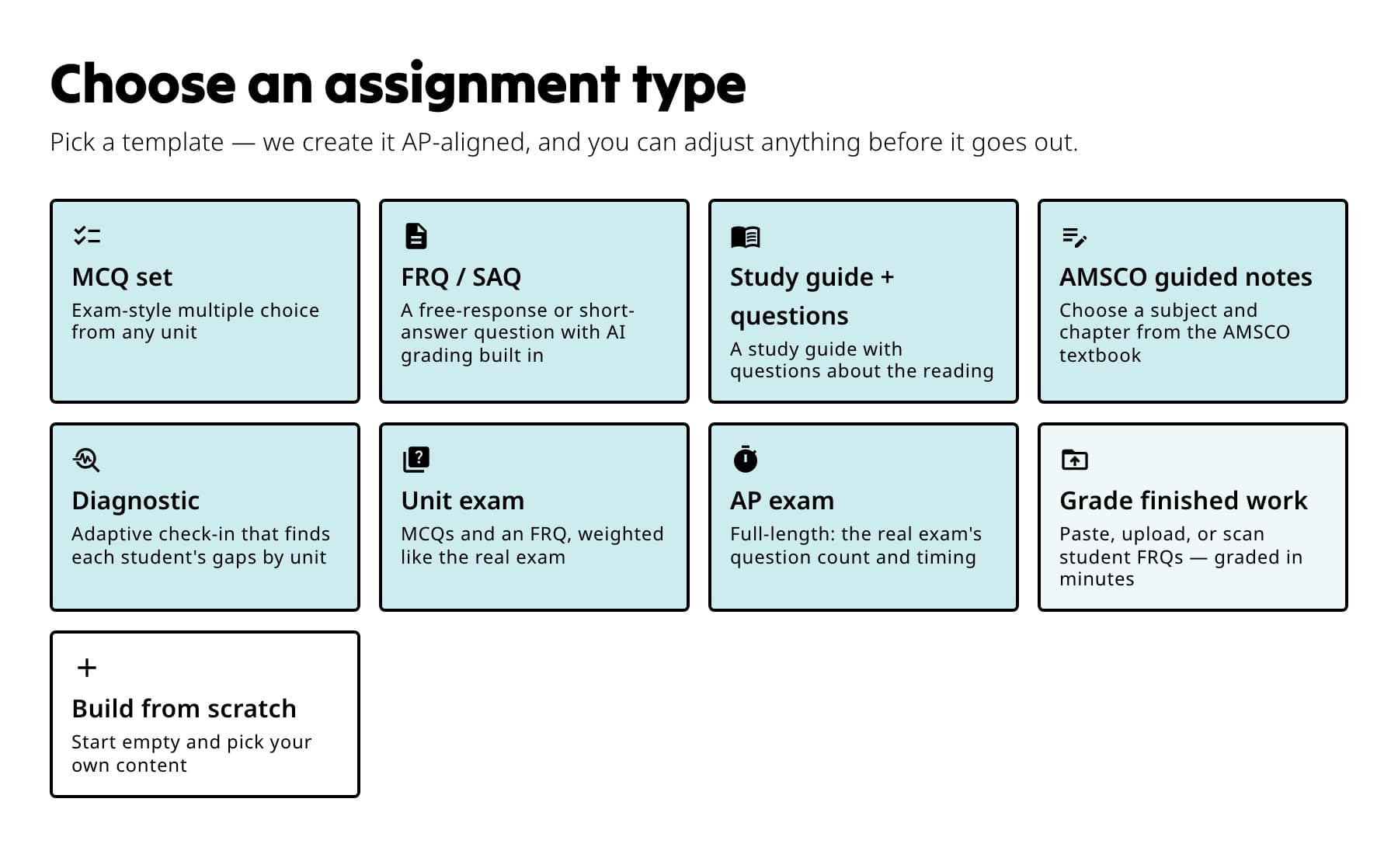 Choose an assignment type page with digital assignment and finished-work grading options.