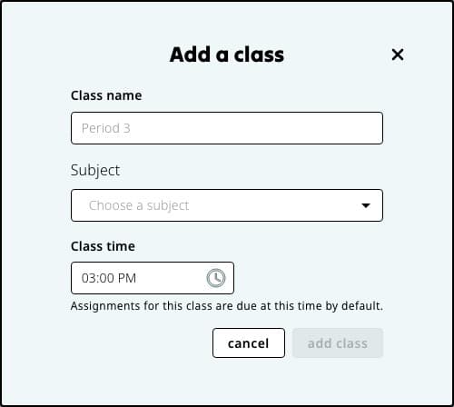 Add a class dialog with fields for class name, subject, and class time.