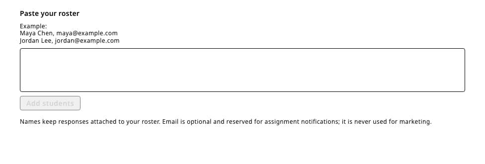 Paste your roster field with an example of one student per line and an Add students button.