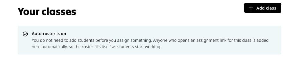Classes page with Add class and the automatic rostering explanation.