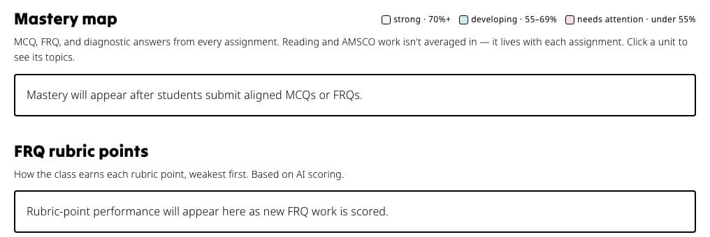 Insights mastery map and FRQ rubric points sections with explanations of the data that will appear.