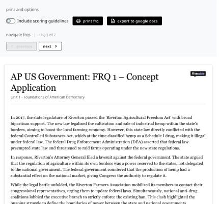 Print center FRQ controls with the Export to Google Docs action beside the print action.