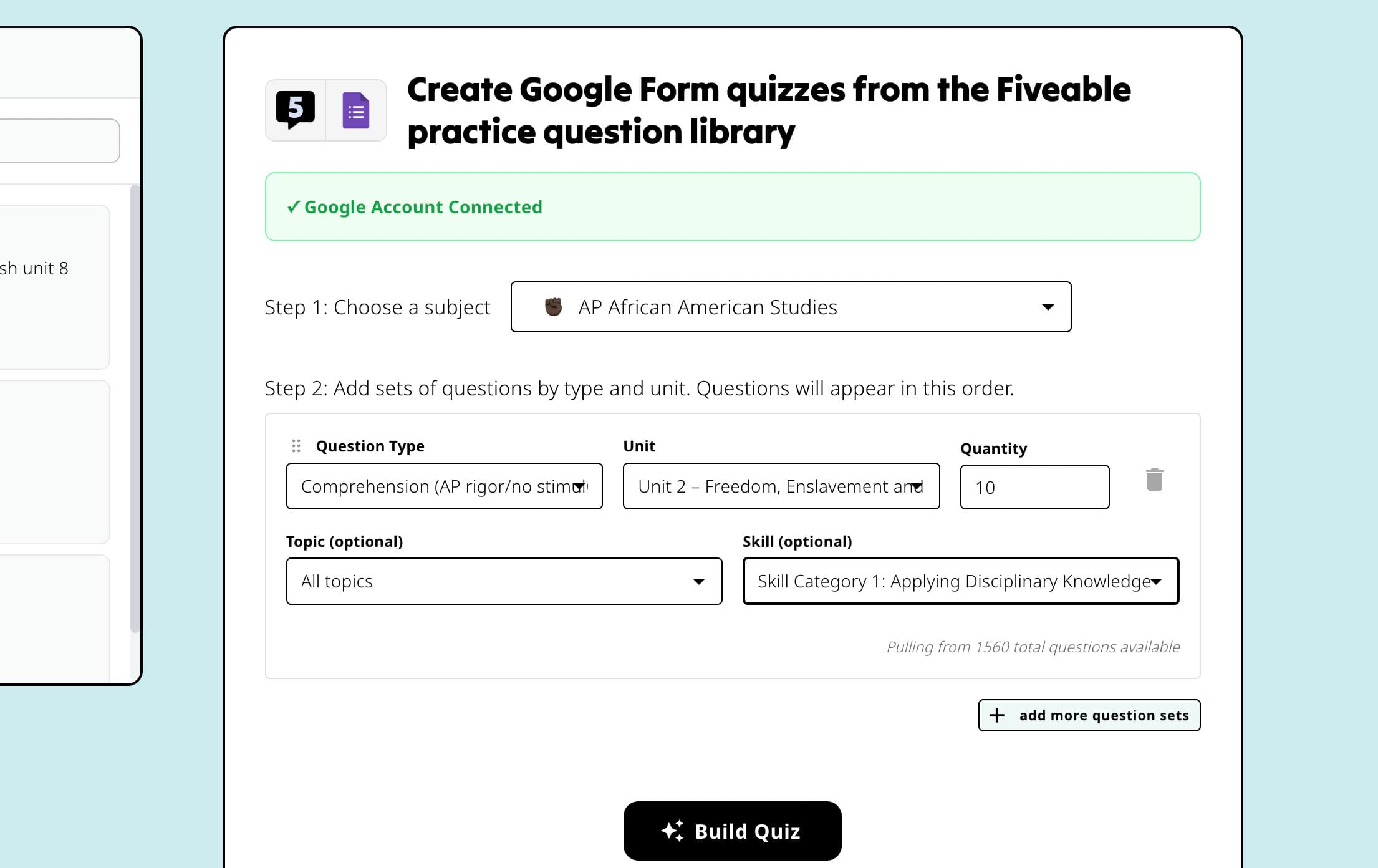 Older Quiz Builder with the subject menu above the question-set controls.