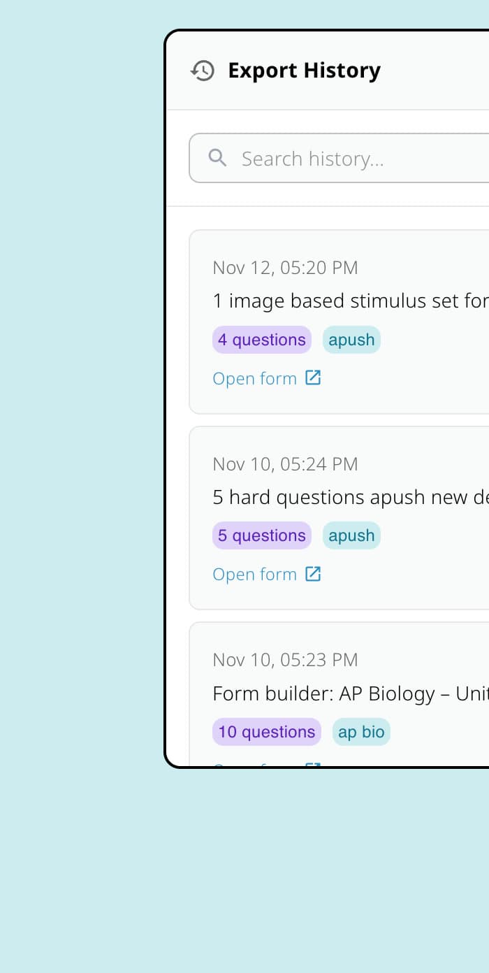 Quiz Builder Export History with a search field and prior Google Forms exports.