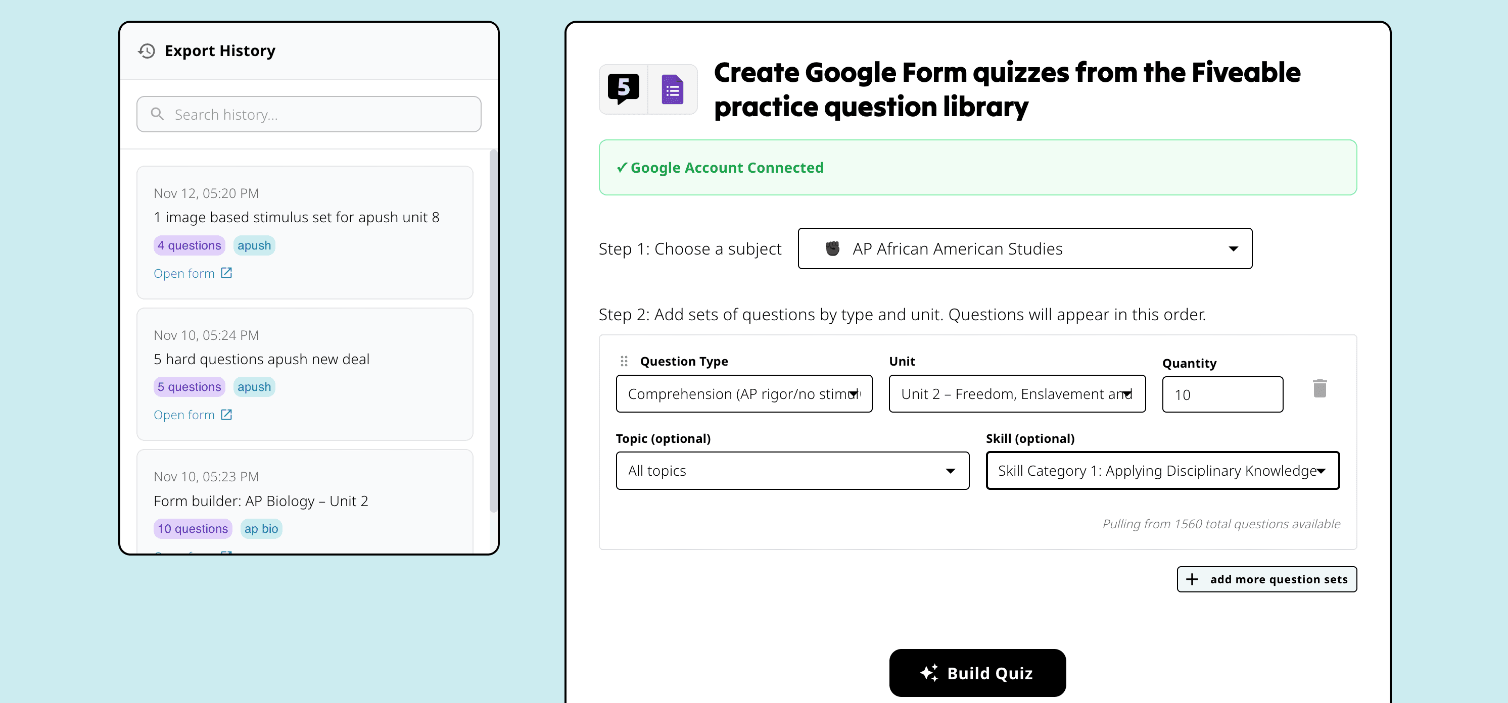 Older Quiz Builder with the Export History panel on the left and quiz-building controls on the right.