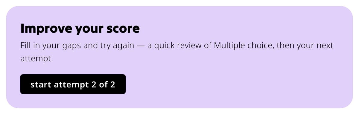 Student reteach card with an Improve your score message and a Start attempt 2 of 2 button.