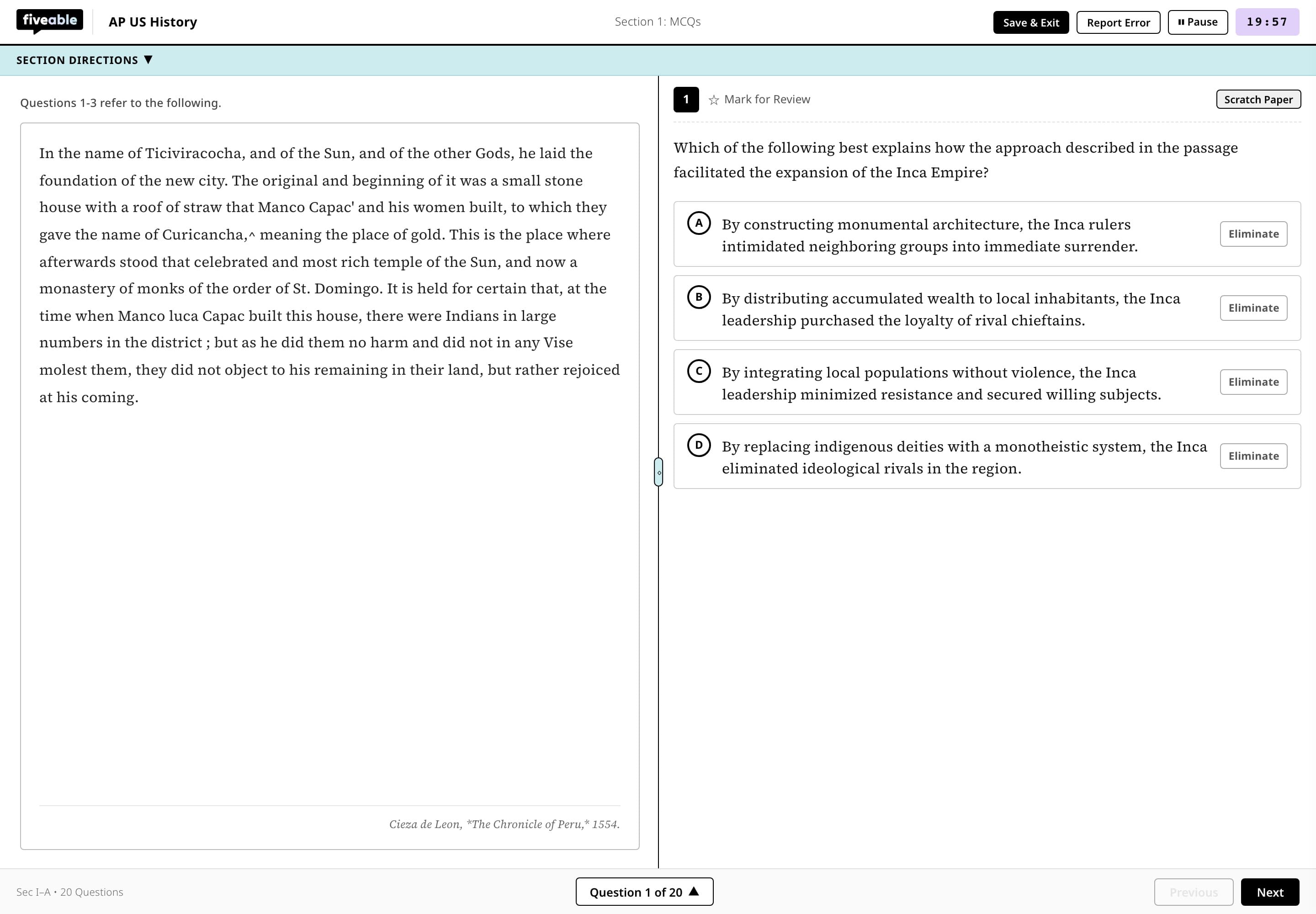 Student assignment view with a stimulus, an MCQ, Mark for Review, navigation, and a timer.