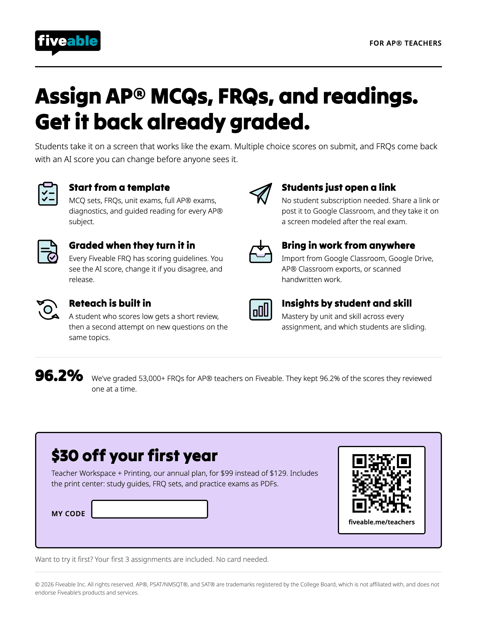 A printable Fiveable one-pager for AP teachers with a box for your referral code