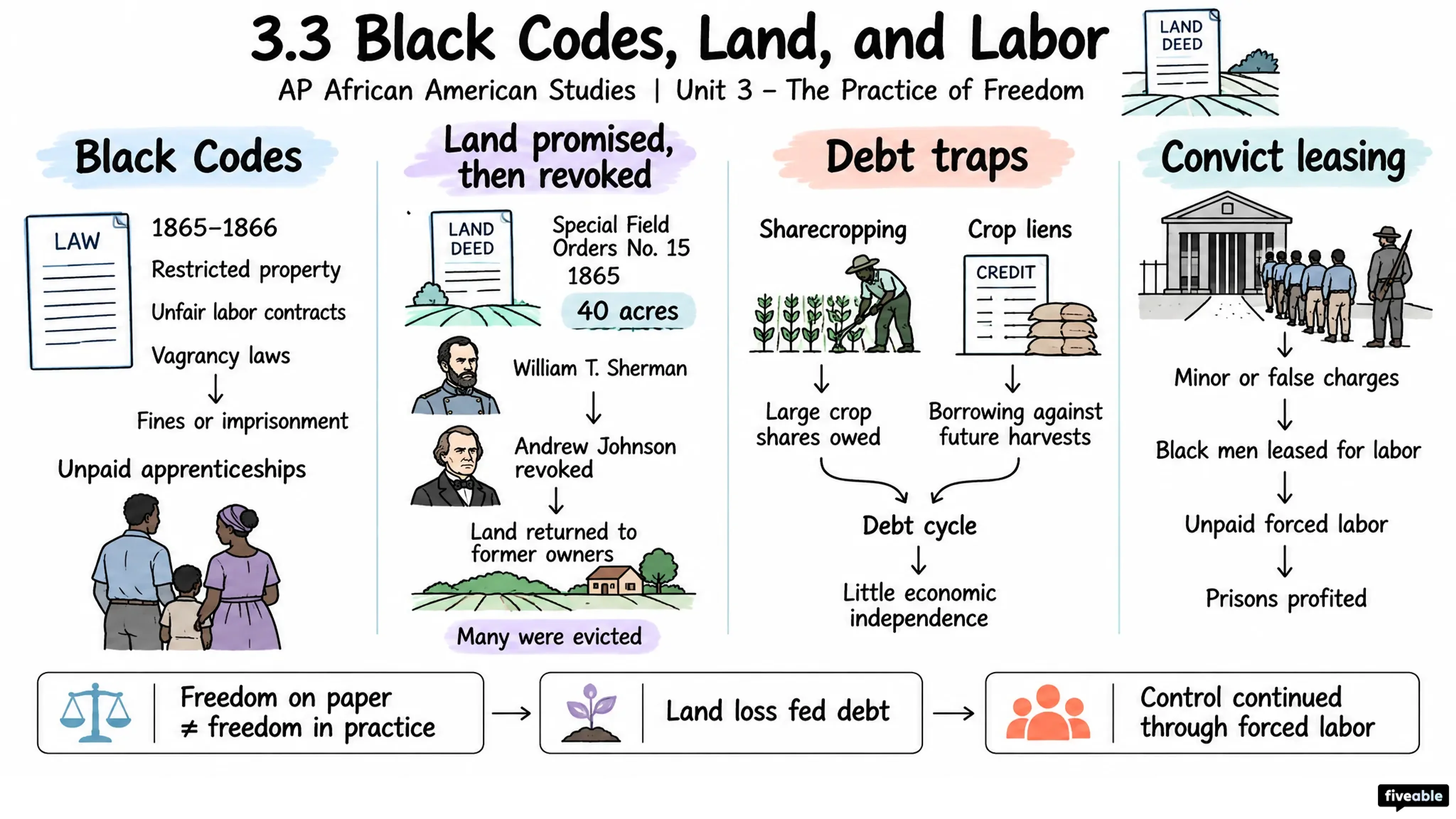 3.3 Black Codes, Land, and Labor - AP African American Studies - Unit 3 visual cheatsheet