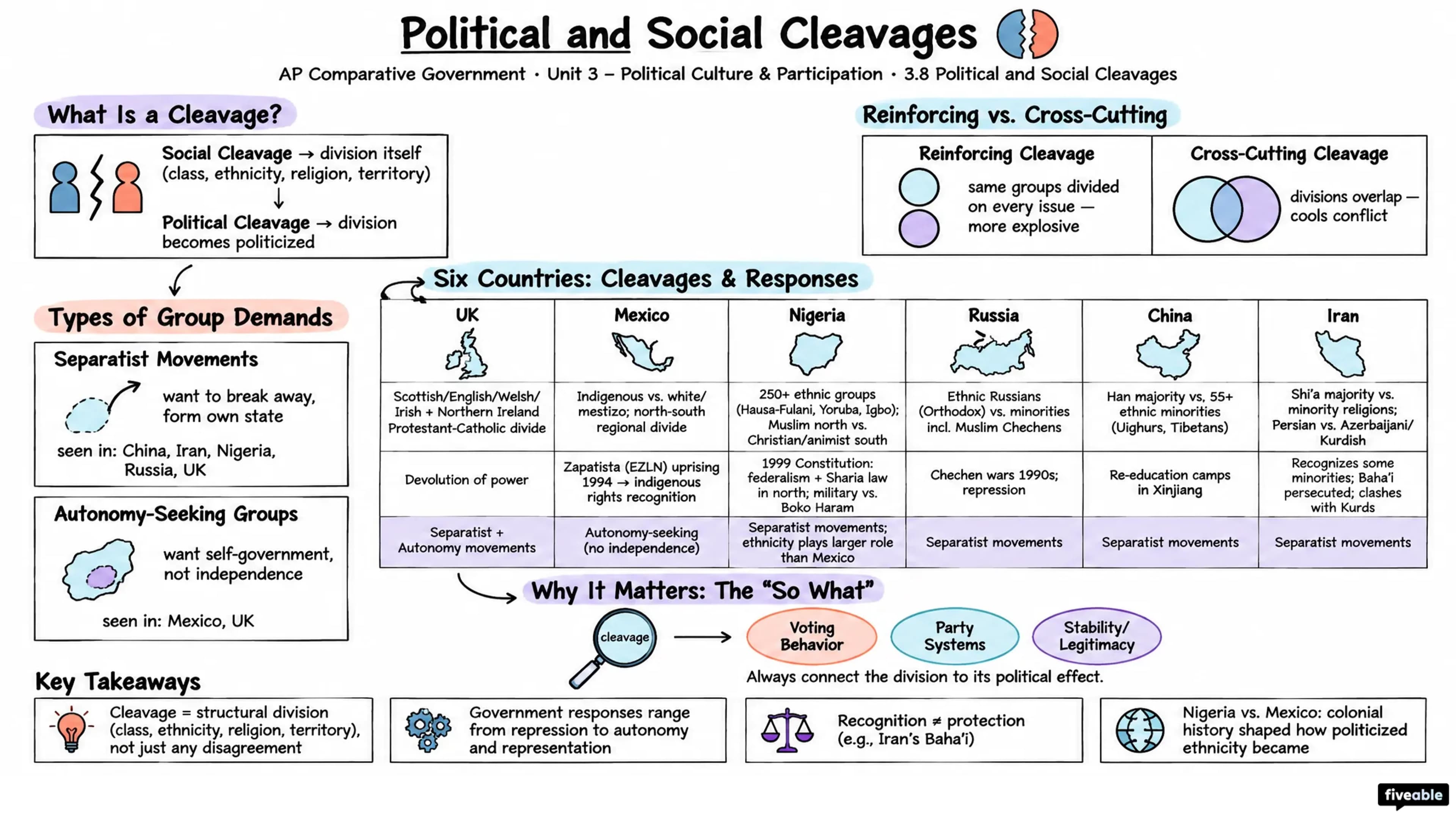 3.8 Political and Social Cleavages - AP Comparative Government - Unit 3 visual cheatsheet