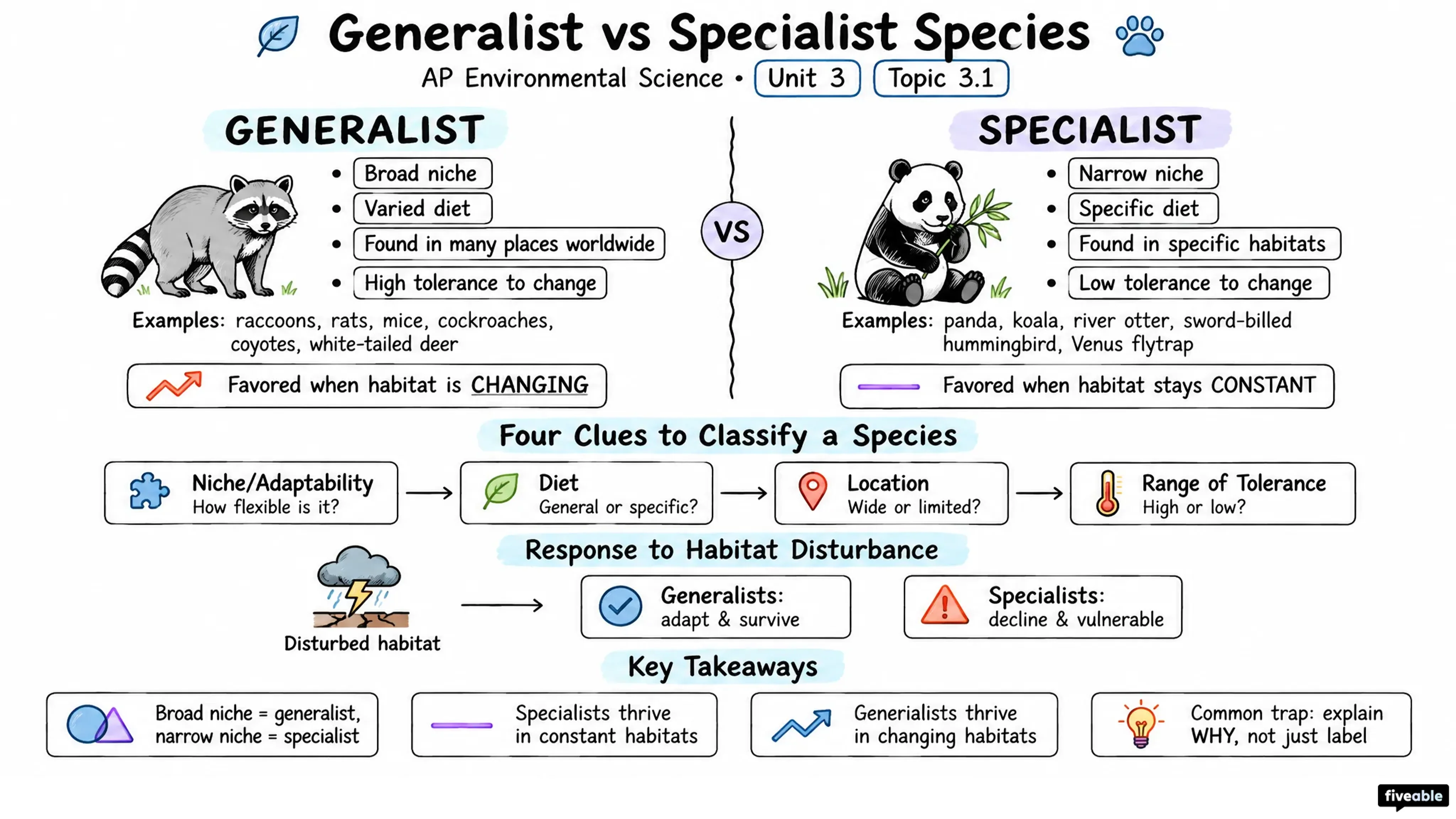 3.1 Generalist and Specialist Species - AP Environmental Science - Unit 3 visual cheatsheet