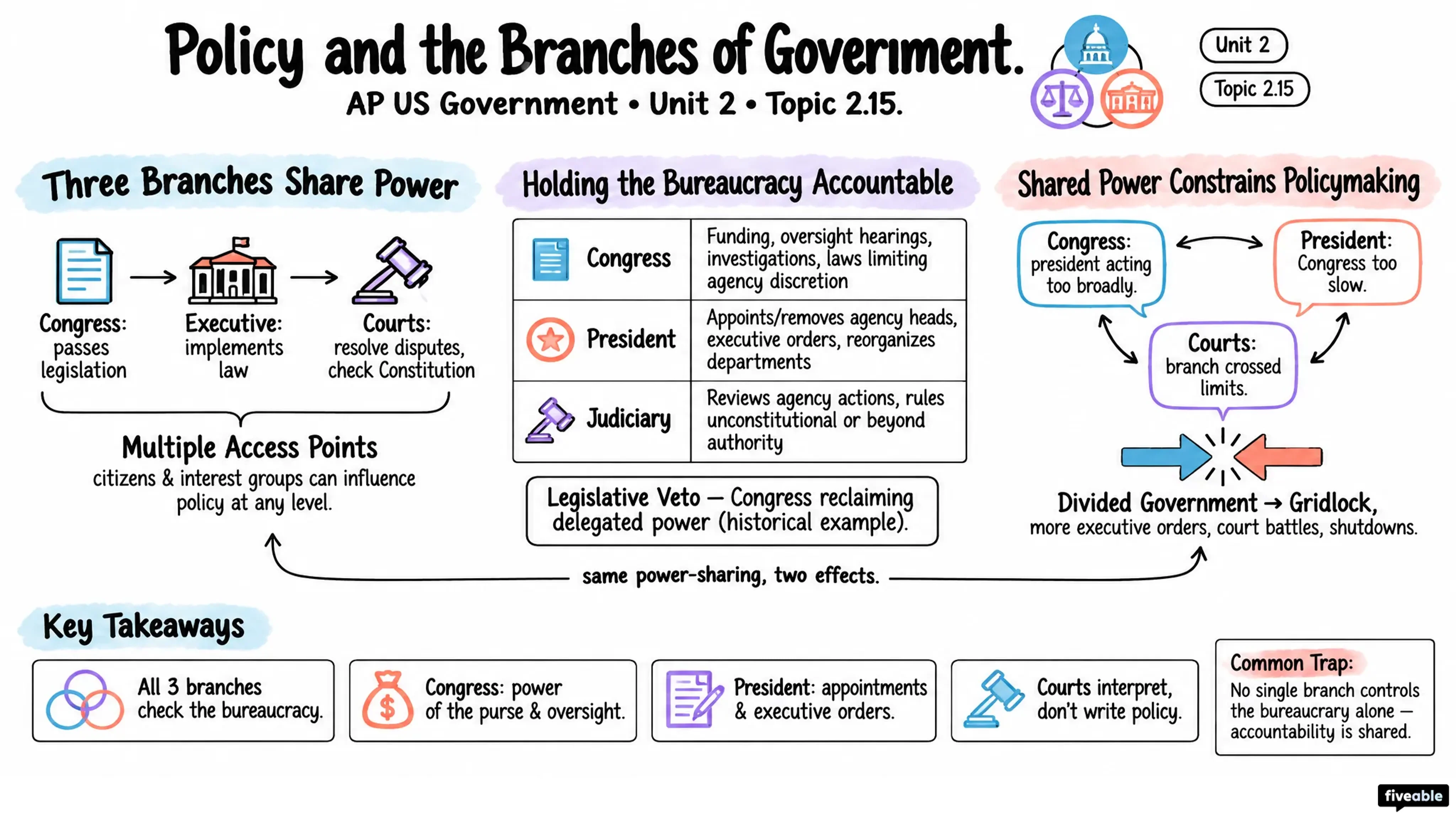2.15 Policy and the Branches of Government - AP US Government - Unit 2 visual cheatsheet