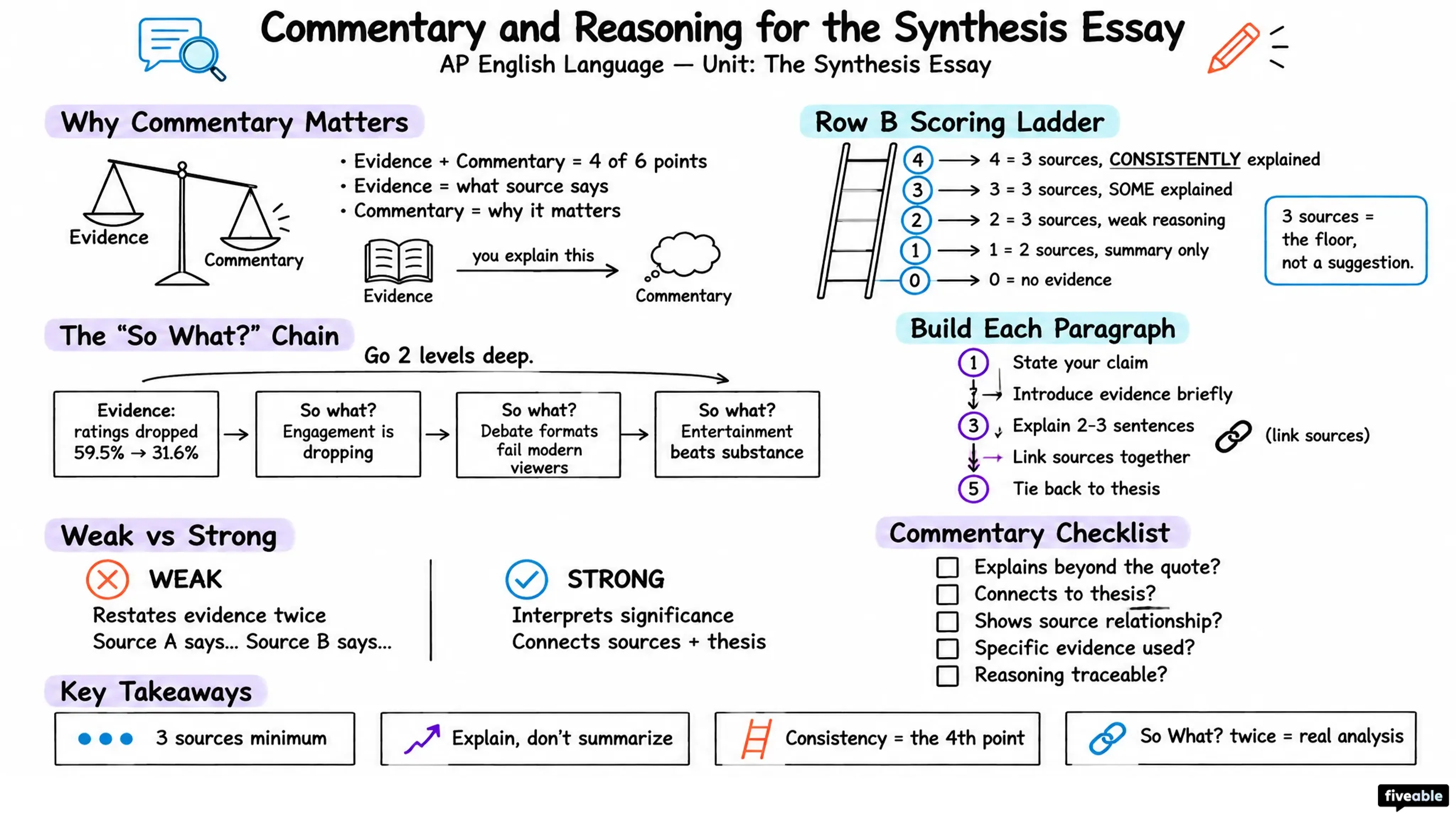 Commentary and Reasoning for the Synthesis Essay - AP English Language - Synthesis Essay visual cheatsheet