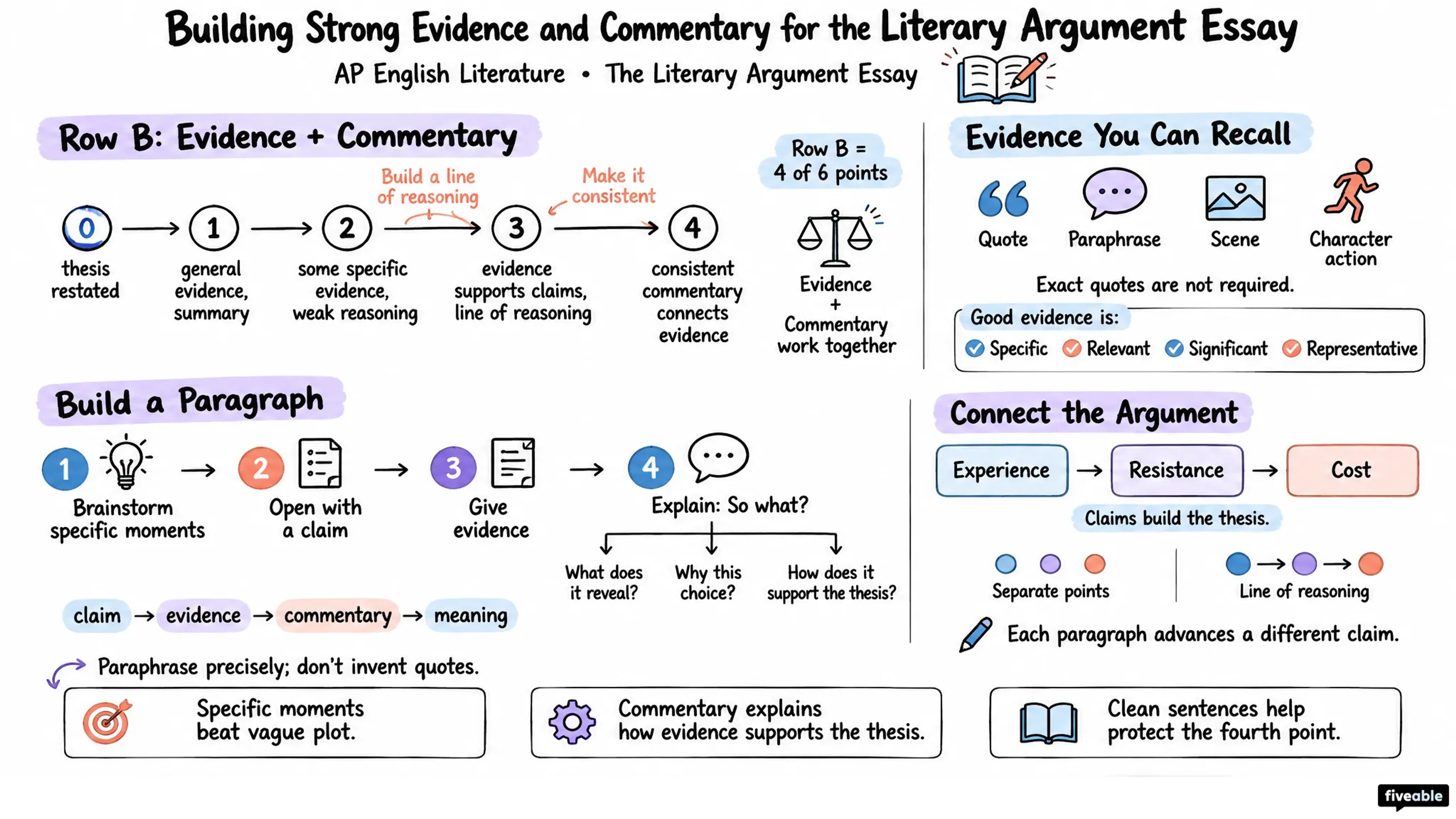 Building Strong Evidence and Commentary for the Literary Argument Essay - AP English Literature - Literary Argument Essay visual cheatsheet