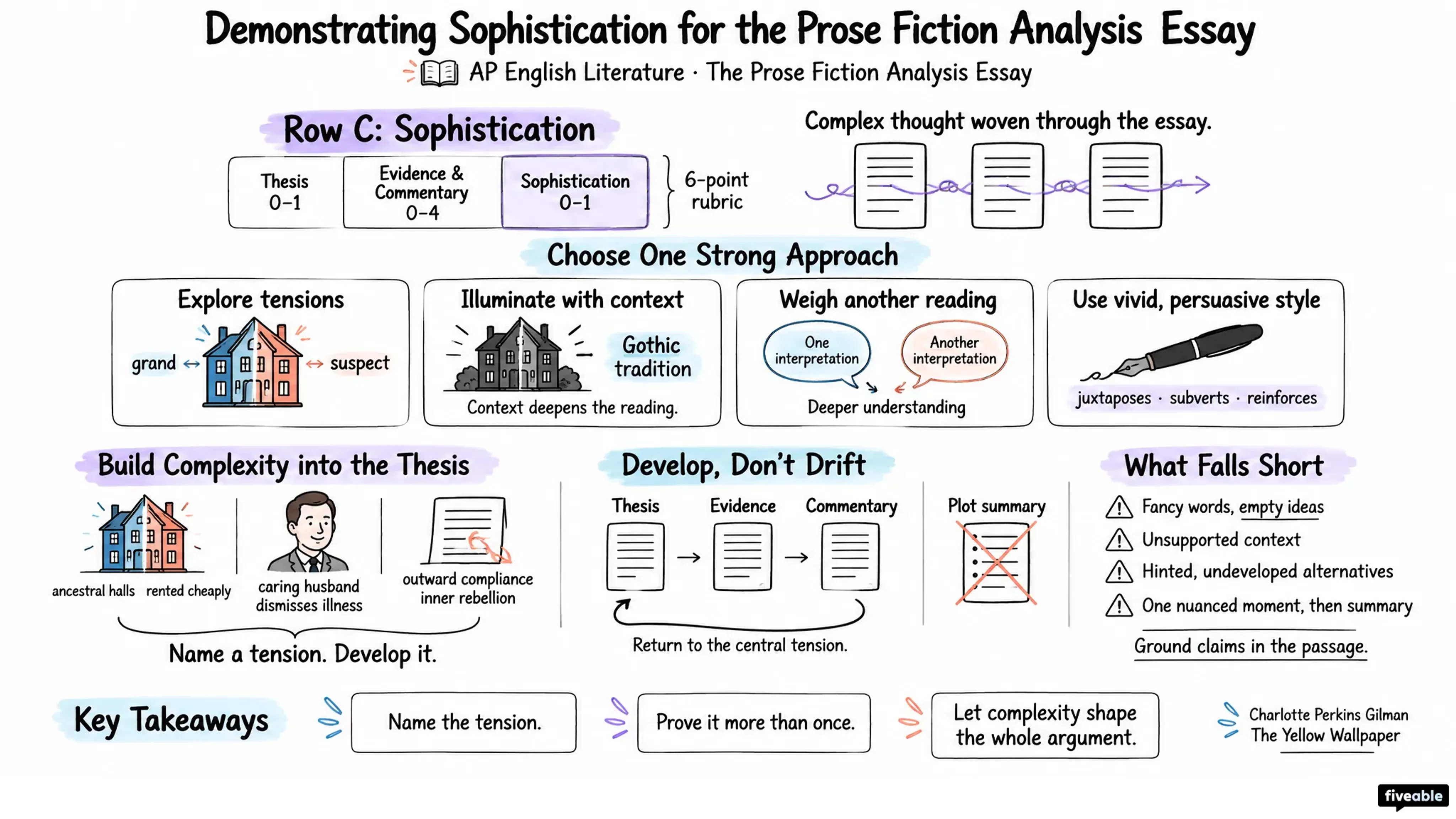 Demonstrating Sophistication for the Prose Fiction Analysis Essay - AP English Literature - Prose Fiction Analysis visual cheatsheet