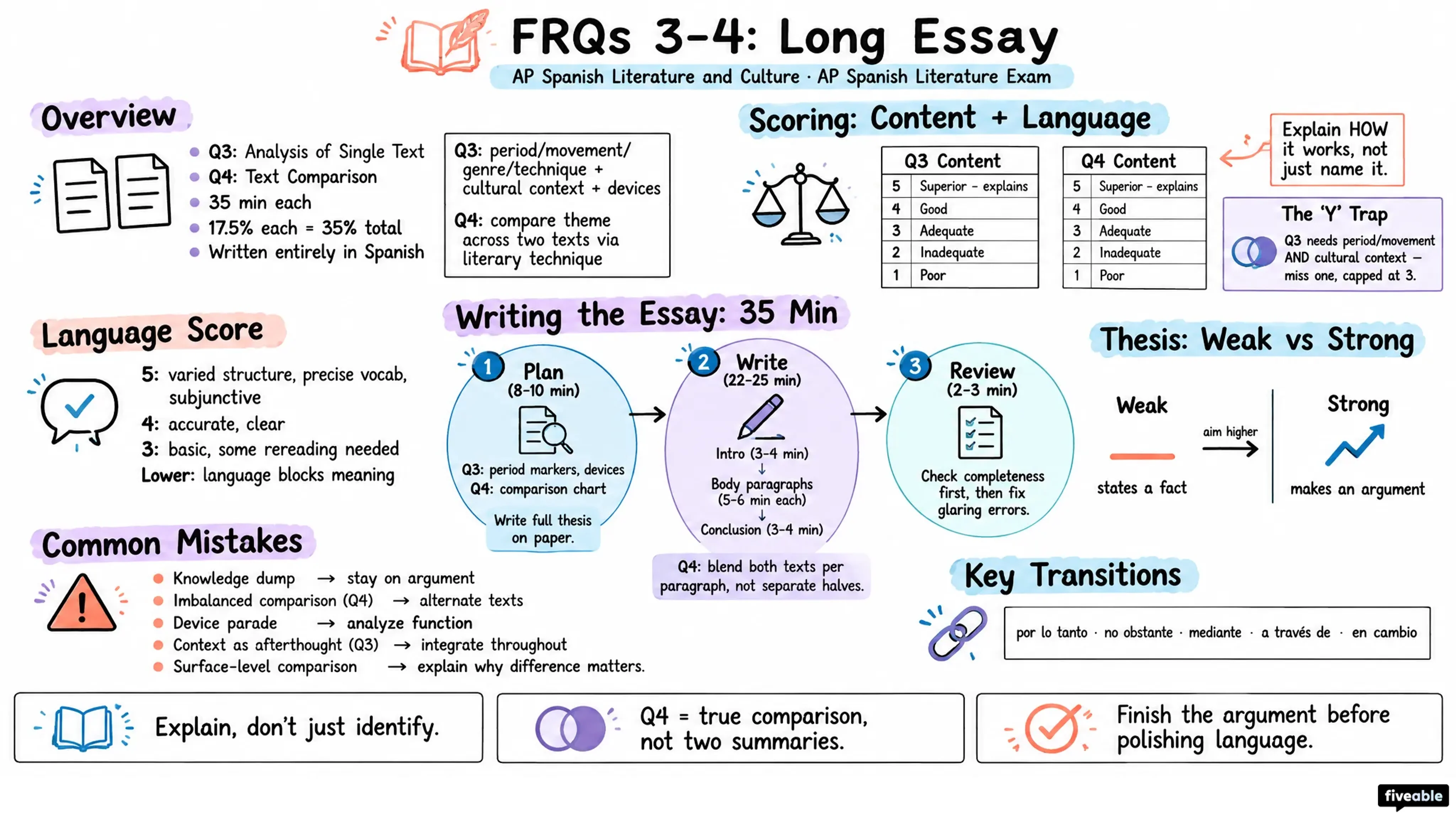 FRQs 3-4 – Long Essay - AP Spanish Literature - AP Spanish Literature Exam visual cheatsheet