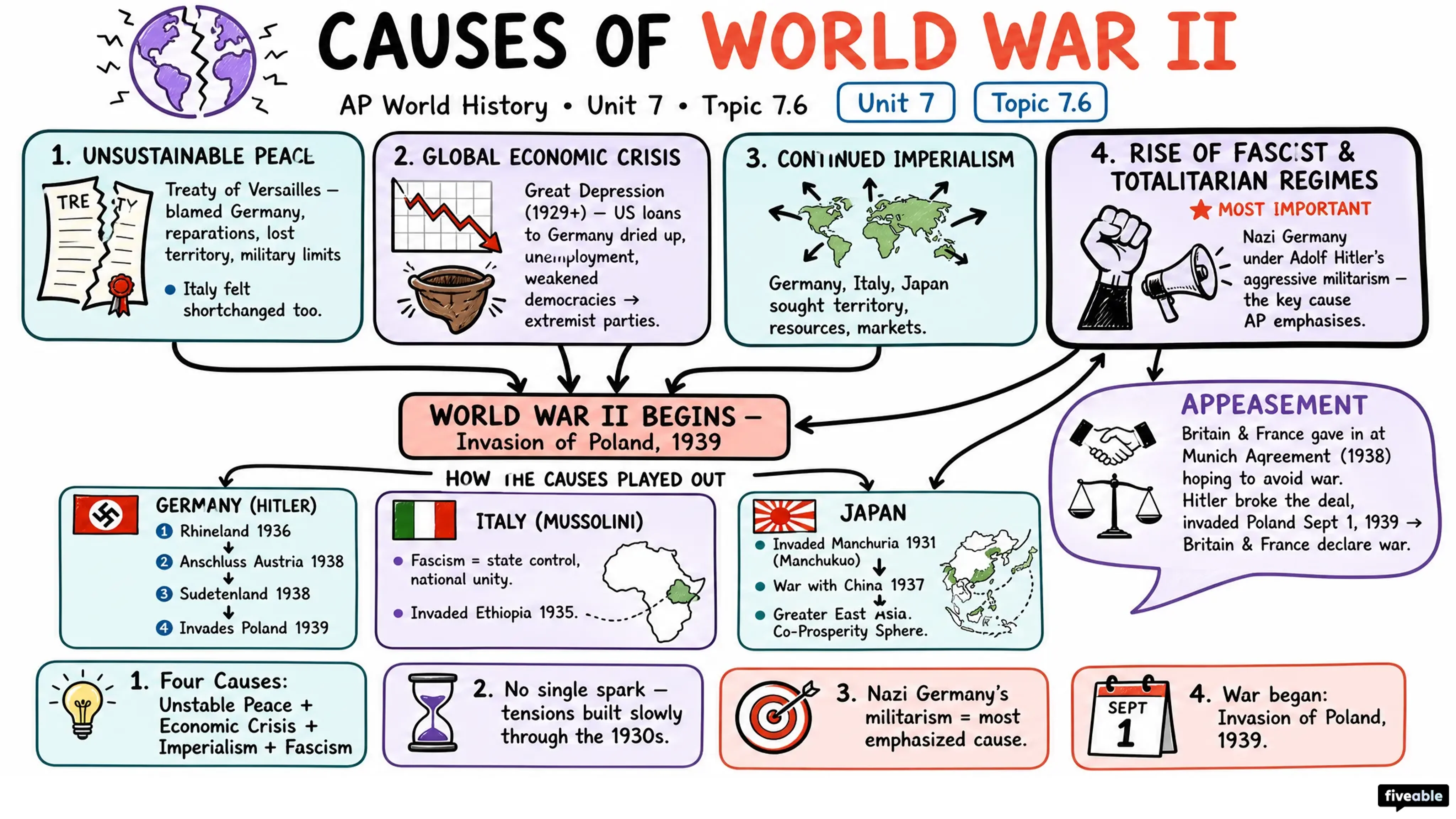7.6 Causes of World War II - AP World History - Unit 7 visual cheatsheet