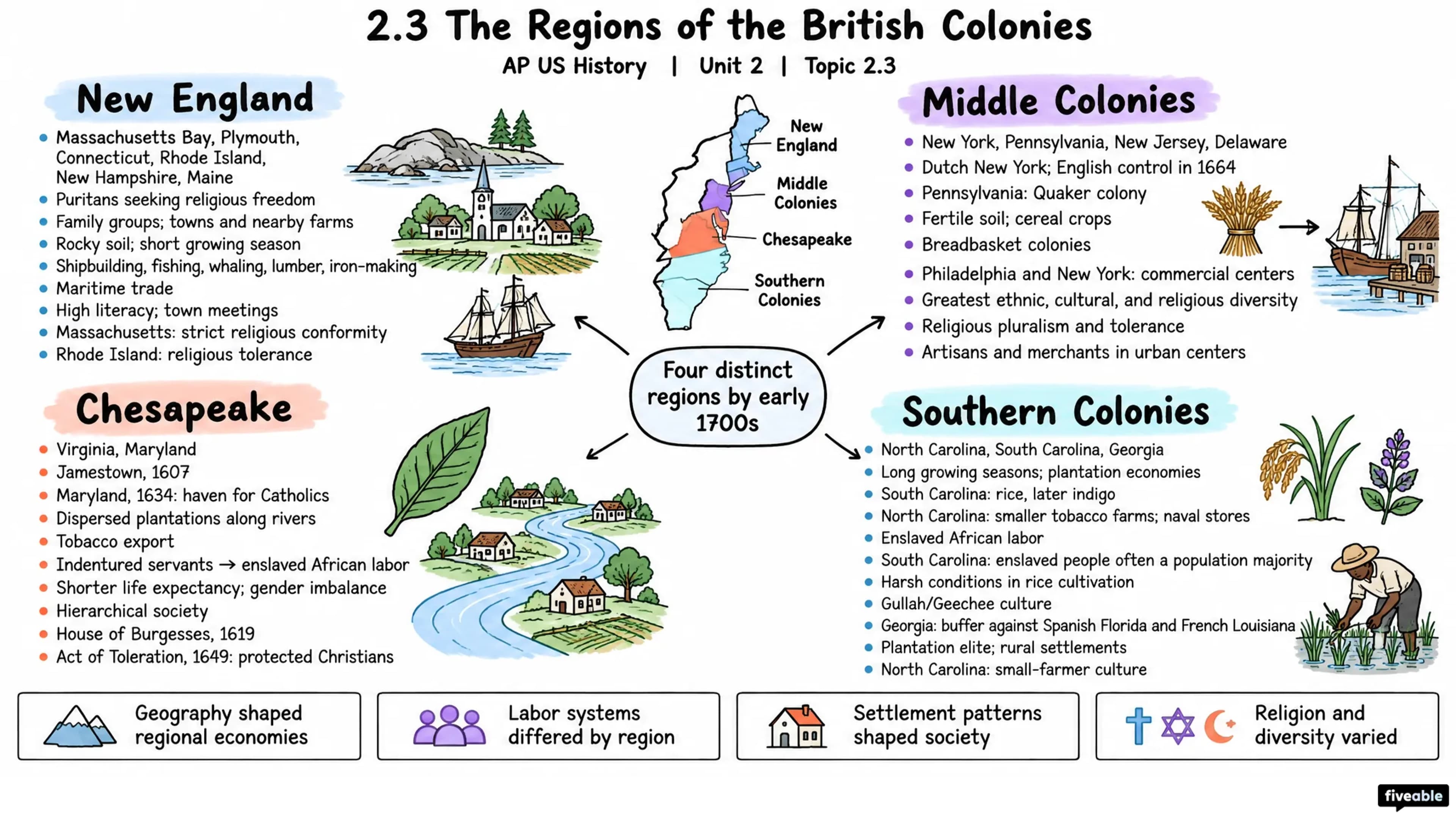 2.3 The Regions of the British Colonies - AP US History - Unit 2 visual cheatsheet