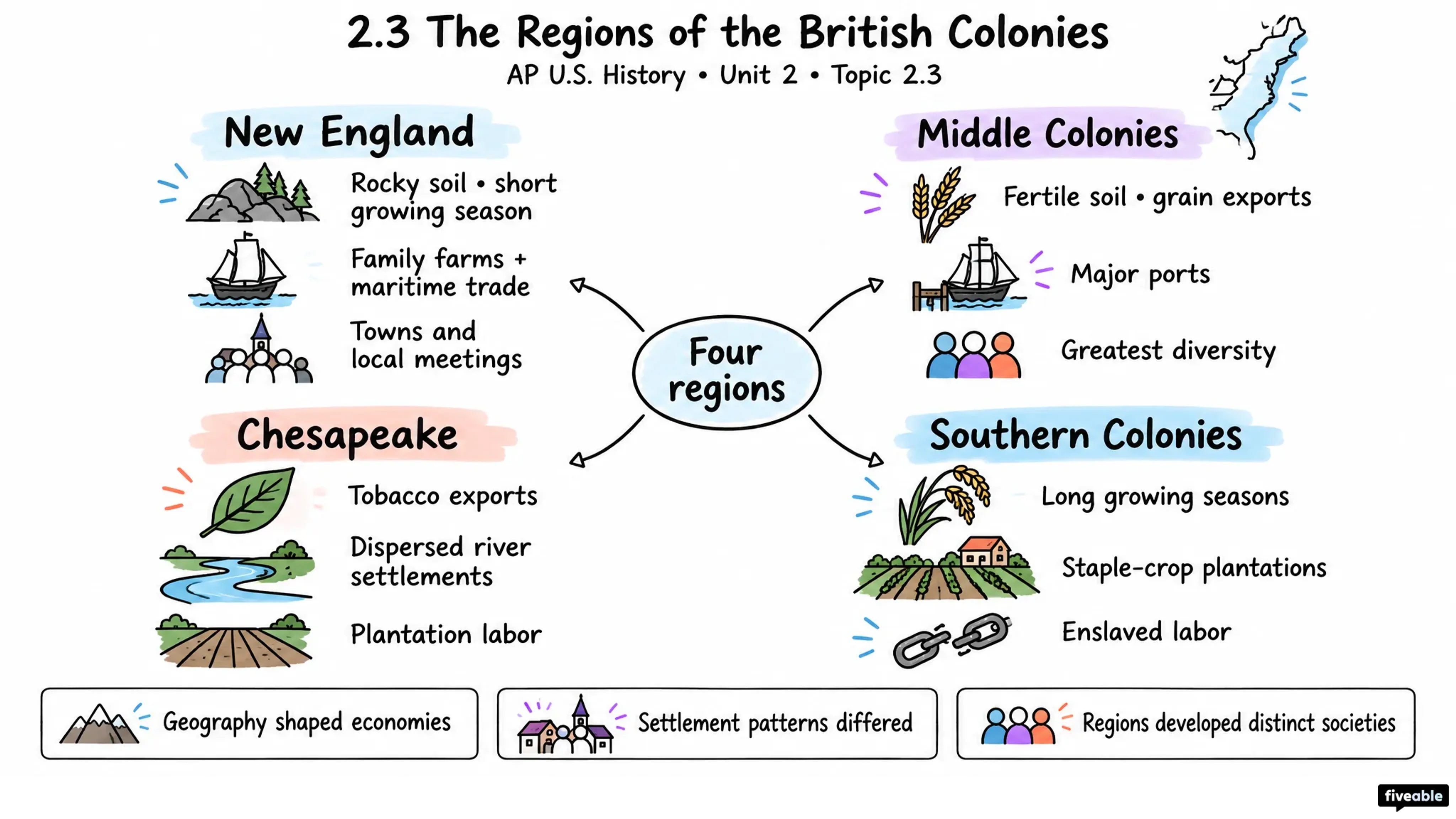 2.3 The Regions of the British Colonies - AP US History - Unit 2 visual cheatsheet