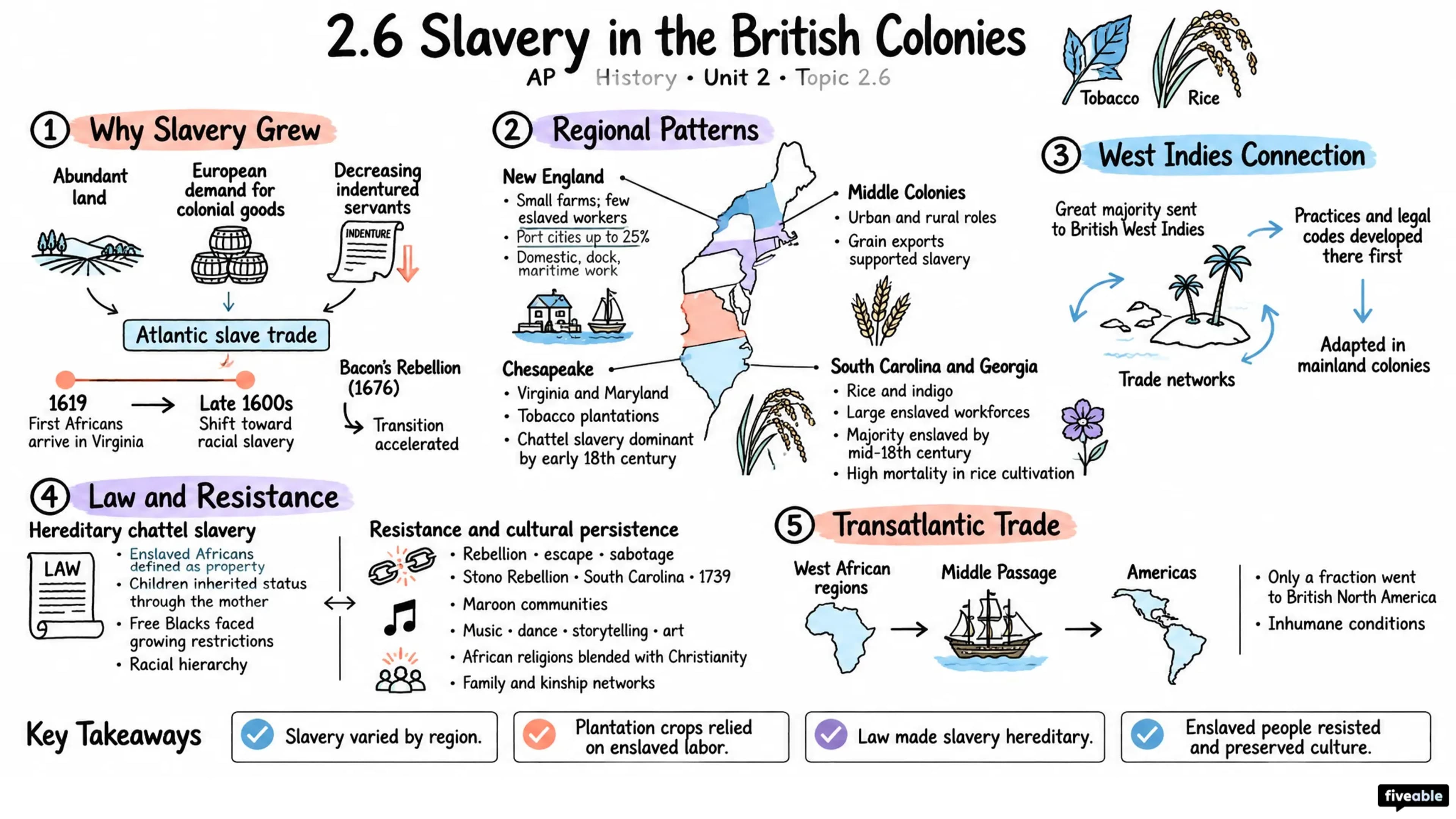 2.6 Slavery in the British Colonies - AP US History - Unit 2 visual cheatsheet
