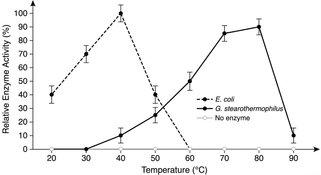 Single-panel line graph on a white background.
Axes (REQUIRED):
- X-axis label: "Temperature (°C)". Exact numeric range: from 20 to 90. Tick marks and tick labels at every 10°C: 20, 30, 40, 50, 60, 70, 80, 90.
- Y-axis label: "Relative Enzyme Activity (%)". Exact numeric range: from 0 to 100. Tick marks and tick labels at every 10%: 0, 10, 20, 30, 40, 50, 60, 70, 80, 90, 100.
- Origin: the bottom-left intersection of the axes is labeled "0" on the y-axis at the base line; the axis intersection is visually clear.
- Arrows: arrows on positive ends of both axes (right end of x-axis and top end of y-axis).
- No gridlines.
Data series and styling (must be visually distinct):
1) "E. coli" series: dashed line, medium thickness, black (or dark gray) with filled circular markers at each temperature tick.
2) "G. stearothermophilus" series: solid line, medium thickness, black (or dark gray) with filled circular markers at each temperature tick.
3) "No enzyme control" series: thin, light-gray solid horizontal line exactly along the y=0 baseline across the full x-range, with small open-circle markers at each temperature tick; label in legend as "No enzyme".
- Legend placed inside the plot area in the upper-right quadrant, listing: "E. coli" (dashed), "G. stearothermophilus" (solid), "No enzyme" (light-gray baseline).
Exact plotted values (markers must sit exactly on the stated y-tick levels):
- E. coli dashed series has markers at every x-tick (20 through 90) with these exact y-values:
• at 20°C: 40%
• at 30°C: 70%
• at 40°C: 100% (this is the global maximum for the E. coli line)
• at 50°C: 40%
• at 60°C: 0%
• at 70°C: 0%
• at 80°C: 0%
• at 90°C: 0%
- G. stearothermophilus solid series has markers at every x-tick (20 through 90) with these exact y-values:
• at 20°C: 0%
• at 30°C: 0%
• at 40°C: 10%
• at 50°C: 25%
• at 60°C: 50%
• at 70°C: 85%
• at 80°C: 90%
• at 90°C: 10%
- No enzyme control series: marker at every x-tick (20 through 90) at exactly 0%.
Error bars (±SE) (must be identical magnitude at all data points for both enzyme series):
- Every marker on both enzyme series (E. coli and G. stearothermophilus) has a vertical error bar extending exactly 5 percentage points above and 5 percentage points below the marker value.
- Error bars have small horizontal caps at both ends.
- No error bars on the no-enzyme control.
Curve/line behavior (REQUIRED; describe path precisely):
- E. coli dashed line:
• From 20°C to 40°C: connected by straight line segments from the 20°C marker to the 30°C marker and from the 30°C marker to the 40°C marker; the line rises, with the steepest rise between 30°C and 40°C.
• At 40°C: the line reaches its single maximum value of 100% (peak) exactly at the 40°C tick.
• From 40°C to 60°C: connected by straight line segments from 40°C to 50°C (descending) and from 50°C to 60°C (descending to the baseline); the line intersects the y=0 baseline exactly at the 60°C marker.
• From 60°C through 90°C: perfectly horizontal straight line along the y=0 baseline, with markers at 60°C, 70°C, 80°C, and 90°C all exactly on 0%.
• No concave smoothing: the segments are piecewise straight to remove ambiguity.
- G. stearothermophilus solid line:
• From 20°C to 40°C: piecewise straight line segments from 20°C to 30°C and 30°C to 40°C; the first two markers sit on the y=0 baseline, then the line rises to 10% at 40°C.
• From 40°C to 80°C: connected by straight line segments between each adjacent temperature tick; the line increases at every step (40→50→60→70→80) with the largest rise between 60°C and 70°C.
• Maximum: the highest marker for this species is at 80°C with 90% (this is the maximum of the solid line).
• From 80°C to 90°C: a straight descending segment from 90% down to 10%, ending at the 90°C marker.
• No concave smoothing: the segments are piecewise straight to force exact placement.
Critical math constraints (explicit):
- E. coli reaches its maximum exactly at the 40°C tick and equals 100% only at that tick.
- E. coli equals 0% at 60°C and remains exactly 0% for all higher temperatures shown.
- G. stearothermophilus increases monotonically (never decreases) from 40°C through 80°C, then decreases from 80°C to 90°C.
- The no-enzyme control is exactly 0% at every temperature.
No title text inside the plotting area beyond axis labels, tick labels, and the legend.