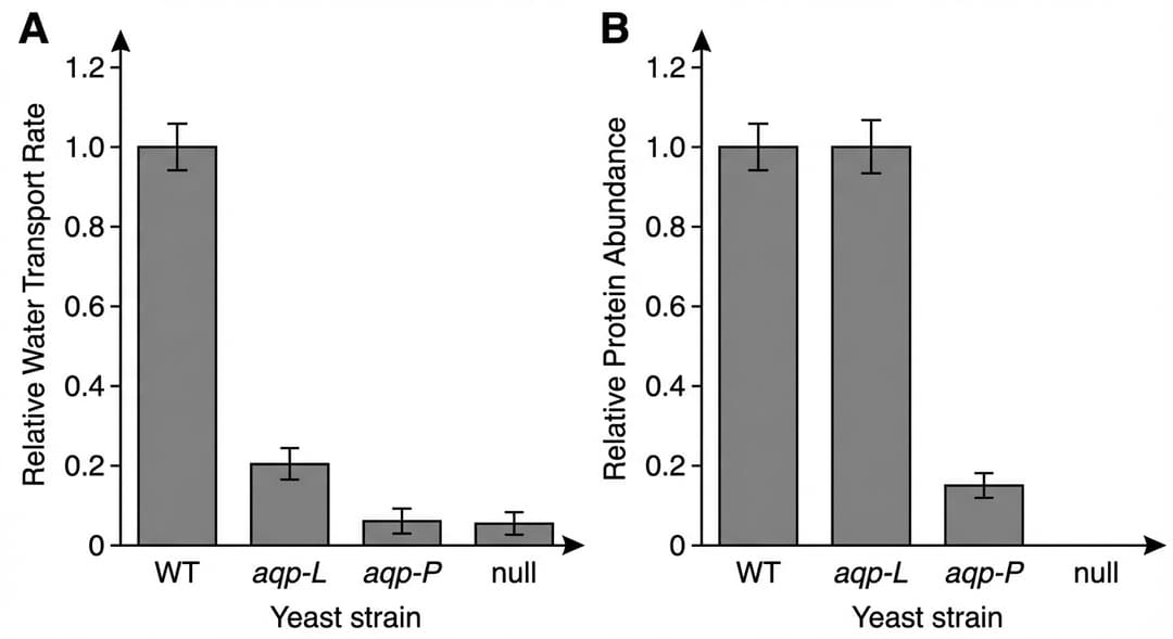 Create ONE figure containing TWO separate panels arranged horizontally (Panel A on the left, Panel B on the right). Both panels are vertical bar graphs with identical categorical x-axes.
GLOBAL STYLE (applies to both panels)
- Background: plain white. No gridlines.
- Axes: solid black lines, medium thickness.
- Arrows: place an arrowhead on the positive end of each axis (right end of x-axis, top end of y-axis).
- Origin: the intersection of the axes must be labeled with the tick label "0" on the y-axis baseline.
- Bars: solid fill (single color such as medium gray or blue), identical bar width for all categories within a panel.
- Category spacing: the four categories must be equally spaced along the x-axis.
- Error bars: thin black vertical error bars centered on each bar, with a horizontal cap at the top and bottom of the error range.
- Category labels (visible text under each bar in both panels, left-to-right order fixed): "WT", "aqp-L", "aqp-P", "null".
PANEL A (left): Relative rate of water transport
AXES (REQUIRED)
- X-axis label (centered below the category labels): "Yeast strain" (no units).
- X-axis range: exactly four categorical positions (WT, aqp-L, aqp-P, null), equally spaced. Place a tick mark centered under each category label.
- Y-axis label (rotated vertically along the left side): "Relative Water Transport Rate" (unitless).
- Y-axis numerical range: from 0 at the bottom axis line up to 1.2 at the top.
- Y-axis tick marks and labels: show labeled ticks at exactly 0, 0.2, 0.4, 0.6, 0.8, 1.0, and 1.2 (uniform interval of 0.2).
BAR HEIGHTS AND ERROR BARS (numerically exact)
- WT bar: top of bar aligns exactly with the 1.0 tick label. Error bar extends symmetrically to 0.95 at the bottom and 1.05 at the top (caps exactly at those values).
- aqp-L bar: top of bar aligns exactly with the 0.2 tick label. Error bar extends symmetrically to 0.17 at the bottom and 0.23 at the top.
- aqp-P bar: top of bar aligns exactly with the 0.05 value, which is one-quarter of the distance between the 0 and 0.2 ticks (i.e., clearly above 0 but far below 0.2). Error bar extends symmetrically to 0.02 at the bottom and 0.08 at the top.
- null bar: top of bar aligns exactly with the same height as aqp-P (exactly 0.05). Error bar extends symmetrically to 0.02 at the bottom and 0.08 at the top (identical to aqp-P).
CURVE/SHAPE REQUIREMENTS (adapted for a bar graph)
- There is no continuous curve. The data are represented only by four vertical rectangular bars.
- Visual constraint to prevent numerical drift: the WT and aqp-L bar tops must coincide exactly with labeled ticks (1.0 and 0.2). The aqp-P and null bar tops must be identical to each other and must sit exactly at one-quarter of the 0-to-0.2 tick interval.
PANEL B (right): Relative aquaporin protein abundance in plasma membrane
AXES (REQUIRED)
- X-axis label (centered below the category labels): "Yeast strain" (no units).
- X-axis range: exactly four categorical positions (WT, aqp-L, aqp-P, null), equally spaced, same order as Panel A. Place a tick mark centered under each category label.
- Y-axis label (rotated vertically along the left side of Panel B): "Relative Protein Abundance" (unitless).
- Y-axis numerical range: from 0 at the bottom axis line up to 1.2 at the top.
- Y-axis tick marks and labels: show labeled ticks at exactly 0, 0.2, 0.4, 0.6, 0.8, 1.0, and 1.2 (uniform interval of 0.2).
BAR HEIGHTS AND ERROR BARS (numerically exact)
- WT bar: top of bar aligns exactly with the 1.0 tick label. Error bar extends symmetrically to 0.95 at the bottom and 1.05 at the top.
- aqp-L bar: top of bar aligns exactly with the 1.0 tick label (equal height to WT). Error bar extends symmetrically to 0.95 at the bottom and 1.05 at the top (identical to WT).
- aqp-P bar: top of bar aligns exactly with 0.15, which is three-quarters of the distance between the 0 and 0.2 ticks (clearly below 0.2 but well above 0). Error bar extends symmetrically to 0.13 at the bottom and 0.17 at the top.
- null bar: bar height is exactly 0, meaning no visible bar extends above the baseline. If a bar outline is drawn, it must be flush with the x-axis baseline at 0. Do not draw an error bar for null (or, if an error bar is required stylistically, it must have zero length and remain at 0 with caps overlapping at the baseline).
CURVE/SHAPE REQUIREMENTS (adapted for a bar graph)
- There is no continuous curve. The data are represented only by four vertical rectangular bars.
- Visual constraint to prevent numerical drift: WT and aqp-L bars must be exactly equal and must align with the 1.0 labeled tick; null must be exactly at the 0 baseline; aqp-P must sit exactly at three-quarters of the first tick interval between 0 and 0.2.
PANEL LABELING
- Place a bold panel label "A" near the top-left corner of the left panel, inside the plotting area but not overlapping the bars.
- Place a bold panel label "B" near the top-left corner of the right panel, inside the plotting area but not overlapping the bars.
NO EXTRA TEXT
- Do not add titles beyond the panel letters and axis labels.
- Do not add legends.
- Do not print the numeric bar values above the bars; the values must be inferred from the axis ticks and exact alignments described above.