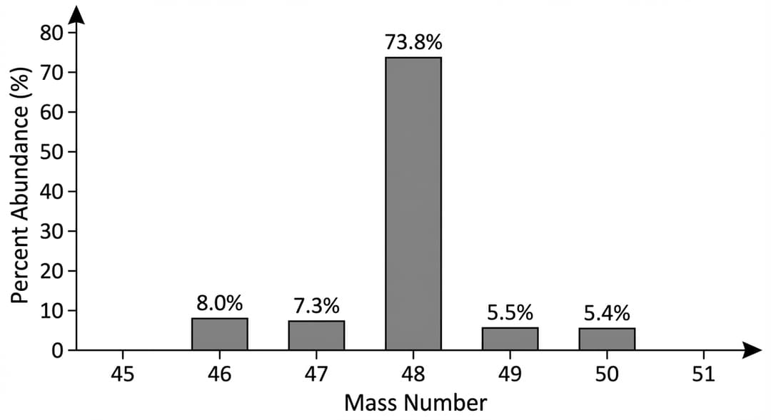 Single-panel bar graph with five vertical bars.
Overall layout:
- White background, no gridlines.
- Plot area is a rectangle occupying most of the figure with a small margin for axis labels.
Axes (must be explicit and numerically labeled):
- Horizontal axis label centered below the axis: "Mass Number".
- Horizontal axis spans mass numbers from 45 to 51.
- Horizontal tick marks and tick labels appear at every integer: 45, 46, 47, 48, 49, 50, 51.
- Vertical axis label rotated and centered along the left side: "Percent Abundance (%)".
- Vertical axis starts at 0 and ends at 80.
- Vertical tick marks and tick labels appear every 10 units: 0, 10, 20, 30, 40, 50, 60, 70, 80.
- Both axes have arrowheads at the positive ends (right end of x-axis, top end of y-axis).
Bars (exact numerical heights; bars are centered on integer mass numbers):
- Five bars only, located exactly at mass numbers 46, 47, 48, 49, and 50 (no bar at 45 or 51).
- Each bar has identical width (each bar is narrow enough that there is visible white space between adjacent bars).
- All bars begin at the y=0 baseline.
- Bar at mass number 46 reaches exactly 8.0 on the y-axis.
- Bar at mass number 47 reaches exactly 7.3 on the y-axis.
- Bar at mass number 48 reaches exactly 73.8 on the y-axis (this is the tallest bar and rises to just below the 80 tick).
- Bar at mass number 49 reaches exactly 5.5 on the y-axis.
- Bar at mass number 50 reaches exactly 5.4 on the y-axis.
Value labeling (to force exactness):
- Above the top of each bar, centered horizontally over that bar, print the exact percent value as text:
- Above mass 46 bar: "8.0%"
- Above mass 47 bar: "7.3%"
- Above mass 48 bar: "73.8%"
- Above mass 49 bar: "5.5%"
- Above mass 50 bar: "5.4%"
Ordering/relative appearance constraints:
- The bar at 48 is dramatically taller than all others.
- Among the four shorter bars, the 46 bar is the tallest, then 47, then 49, then 50 (49 and 50 are nearly equal but 49 is visibly slightly taller than 50).
Styling:
- Bars are solid medium-gray with black outlines.
- Axes are black, medium thickness.
- No legend.
