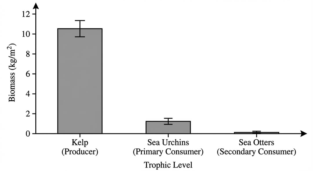 Vertical bar graph with three bars (one per trophic level) and non-zero error bars.
Axes and scale (must be exact):
- Horizontal axis: labeled "Trophic Level". Three category tick labels centered under the bars in this left-to-right order: "Kelp (Producer)", "Sea Urchins (Primary Consumer)", "Sea Otters (Secondary Consumer)".
- Vertical axis: labeled "Biomass (kg/m²)". Numeric range from 0 to 12. Tick marks and tick labels at 0, 2, 4, 6, 8, 10, and 12 (2-unit interval).
- The origin is shown and labeled "0" at the bottom-left corner where the x-axis baseline meets the y-axis.
- Arrows on positive ends of both axes: arrow at the far right end of the x-axis and arrow at the top of the y-axis.
Bar layout and style (must be exact):
- Exactly three vertical bars, each centered on its category label.
- Uniform bar width for all three bars: each bar occupies the same width, equal to roughly one-half of the distance between adjacent category centers (so there is visible white space between bars).
- Fill color: solid medium-gray for all bars.
- Outline: black outline with medium stroke thickness (clearly visible).
Exact bar heights (means):
- Bar 1 at "Kelp (Producer)": bar top at exactly 10.5 kg/m² (halfway between 10 and 11, clearly below 12).
- Bar 2 at "Sea Urchins (Primary Consumer)": bar top at exactly 1.2 kg/m² (just above the 1 level, clearly below the 2 tick).
- Bar 3 at "Sea Otters (Secondary Consumer)": bar top at exactly 0.11 kg/m² (very close to the baseline but visibly above 0).
Error bars (required non-zero, with exact endpoints):
- Each bar has a vertical error bar centered on the bar’s midpoint horizontally.
- Error bar line color: black.
- Error bar caps: horizontal caps at both the upper and lower end of each error bar.
- Cap width: each cap extends horizontally to a total width equal to one-third of the bar’s width.
- Exact error bar endpoints (lower to upper):
- Kelp bar: error bar extends from 9.7 to 11.3 kg/m² (mean 10.5 with ±0.8).
- Sea urchins bar: error bar extends from 1.08 to 1.32 kg/m² (mean 1.2 with ±0.12).
- Sea otters bar: error bar extends from 0.099 to 0.121 kg/m² (mean 0.11 with ±0.011).
Additional constraints:
- No gridlines.
- No numeric value labels printed on or above the bars (only axis tick labels provide the numbers).
- The y-axis scaling must be linear so that 10.5 is visually far taller than 1.2, and 1.2 is visibly taller than 0.11.