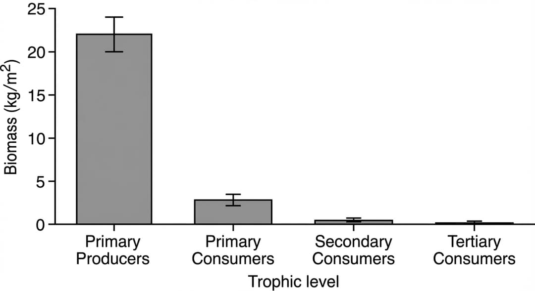Vertical bar graph with four bars.
Axes (must be drawn exactly as specified):
- X-axis label centered below axis: "Trophic level".
- X-axis has four category tick marks evenly spaced left-to-right, each tick centered under one bar. The category labels printed directly under the ticks, in this exact left-to-right order: "Primary Producers", "Primary Consumers", "Secondary Consumers", "Tertiary Consumers".
- Y-axis label rotated vertically along the left side: "Biomass (kg/m²)".
- Y-axis numeric range starts at 0 and ends at 25.
- Y-axis tick marks and printed tick labels at an interval of 5 units only: 0, 5, 10, 15, 20, 25.
- The origin is shown and labeled with the tick value "0" at the intersection of the axes.
- No arrows on the ends of the axes.
- No gridlines.
Bar specifications (identical styling for all bars):
- Exactly four vertical rectangular bars, one per category tick.
- All bars have uniform width equal to 60% of the distance between adjacent category ticks (so each bar leaves equal left and right gaps to the next bar).
- Fill color: solid medium-gray.
- Outline: solid black outline with a clearly visible medium stroke.
Bar heights and error bars (must be numerically exact):
- Bar at "Primary Producers": bar top aligns exactly with 22 on the y-axis. Error bar is centered on the bar and extends from 20 to 24 on the y-axis (±2). Error bar line is black. Error bar caps are horizontal, with cap width equal to 40% of the bar width.
- Bar at "Primary Consumers": bar top aligns exactly with 2.8 on the y-axis (well below the 5 tick). Error bar extends from 2.5 to 3.1 on the y-axis (±0.3). Caps same style and cap width as above.
- Bar at "Secondary Consumers": bar top aligns exactly with 0.35 on the y-axis (just above 0). Error bar extends from 0.30 to 0.40 on the y-axis (±0.05). Caps same style and cap width as above.
- Bar at "Tertiary Consumers": bar top aligns exactly with 0.04 on the y-axis (very close to 0, but clearly above the baseline). Error bar extends from 0.03 to 0.05 on the y-axis (±0.01). Caps same style and cap width as above.
Layout constraints to prevent mis-rendering:
- The baseline of every bar sits exactly on the y=0 axis line (no floating bars).
- Error bars must be visible for all four categories and must extend above and below the bar mean (not only above).
No additional text inside the plotting area besides the axis tick labels and axis titles.