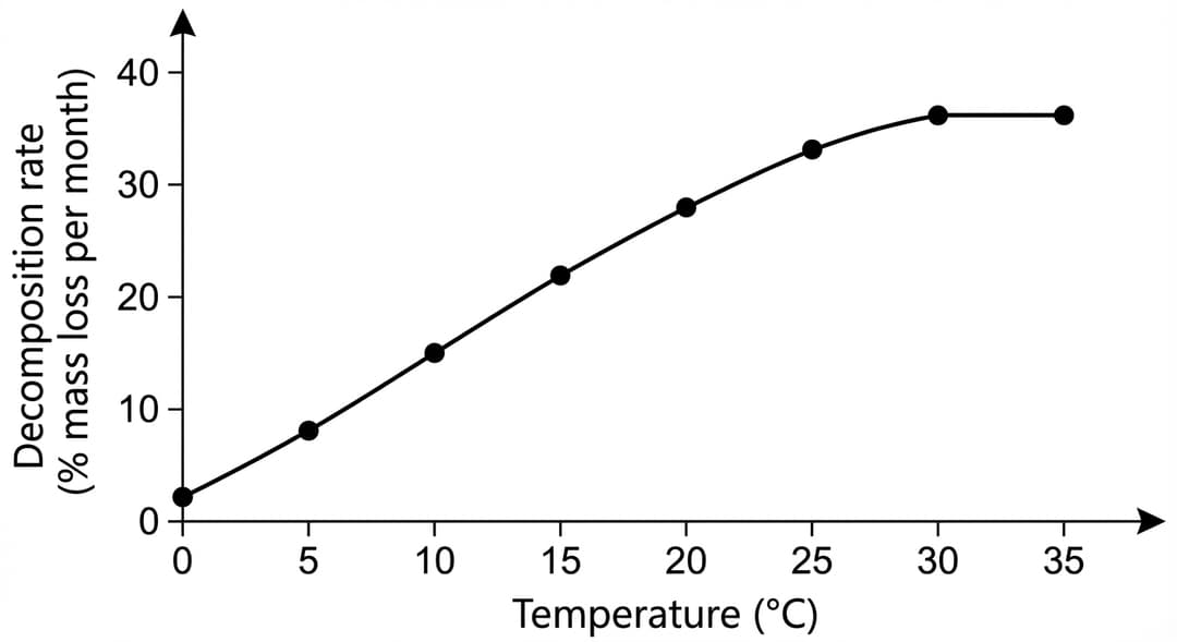 Single-panel line graph showing decomposition rate as a function of temperature.
Axes (must be drawn exactly as specified):
- X-axis label centered below axis: "Temperature (°C)".
- X-axis numeric range starts at 0 and ends at 35.
- X-axis tick marks and printed tick labels at an interval of 5 degrees only: 0, 5, 10, 15, 20, 25, 30, 35.
- Y-axis label rotated vertically along the left side: "Decomposition rate (% mass loss per month)".
- Y-axis numeric range starts at 0 and ends at 40.
- Y-axis tick marks and printed tick labels at an interval of 10 units only: 0, 10, 20, 30, 40.
- The origin is shown and labeled "0" at the intersection of the axes.
- Arrows on the positive ends of both axes.
- No gridlines.
Data markers and line style (to force exact values):
- Plot exactly eight filled circular markers (solid black circles) at each measured temperature tick except none between ticks.
- Each marker diameter is visually consistent and small (clearly visible but not large), and every marker sits exactly on its stated y-value.
- Connect the markers with a single continuous solid black line of medium thickness.
Exact data values (markers must align to these):
- At 0 °C, the marker is at 2%.
- At 5 °C, the marker is at 8%.
- At 10 °C, the marker is at 15%.
- At 15 °C, the marker is at 22%.
- At 20 °C, the marker is at 28%.
- At 25 °C, the marker is at 33%.
- At 30 °C, the marker is at 36%.
- At 35 °C, the marker is at 36% (same height as the 30 °C marker).
Curve/segment behavior (must match exactly):
- From 0 °C through 30 °C, the connected line increases monotonically (never decreases). The slope is positive throughout but steadily decreases as temperature rises, producing an overall concave-down shape across this increasing portion (steepest rise at the cold end, progressively flatter toward 30 °C).
- From 30 °C to 35 °C, the line segment is perfectly horizontal at 36%, indicating a plateau with zero slope over that final interval.
- The plotted line ends exactly at the 35 °C marker; do not extend the curve beyond the right boundary.
No legend and no additional annotation text inside the plot area.