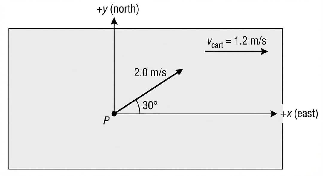 Top-down (plan) view of a rectangular horizontal air table occupying most of the figure.
Air table and background:
- Draw a clean, light-gray rectangle representing the air table, centered on the page, with a thin black outline.
- No texture; the surface is smooth.
Point P (puck position):
- Mark a single point labeled "P".
- Place P slightly left of the table’s center and slightly below the table’s horizontal midline (so it is clearly not on an edge and leaves room to draw vectors to the right and upward).
- Depict P as a small solid black dot.
Coordinate axes (lab frame):
- Draw x–y axes with the origin located exactly at point P (the axes cross at P).
- +x axis: a straight horizontal arrow extending to the right from P, labeled "+x (east)" near the arrowhead.
- +y axis: a straight vertical arrow extending upward from P, labeled "+y (north)" near the arrowhead.
- The axes are perpendicular and visually prominent (slightly thicker than the table outline).
Puck velocity vector in the lab frame:
- From point P, draw a single solid arrow representing the puck’s velocity in the lab frame.
- The arrow must make an angle of exactly 30° measured counterclockwise from the +x axis (i.e., 30° above the horizontal +x direction, pointing into the first quadrant).
- Place a small angle marker at P between the +x axis and the velocity vector, and label the angle marker with the visible text "30°".
- Label the velocity vector with the visible text "2.0 m/s" placed just above the arrow’s midpoint, aligned with the arrow direction.
Cart velocity arrow (cart relative to lab):
- Draw a second arrow that is purely horizontal, pointing due east (exactly parallel to +x).
- Place this cart-velocity arrow in the upper-right region of the table area so it does not overlap point P, the coordinate axes, or the puck velocity vector.
- Label this arrow with visible text "v_cart = 1.2 m/s" positioned just above the arrow’s midpoint.
Vector scaling constraint (to enforce numerical accuracy):
- The two velocity arrows must be drawn to a common scale so their lengths reflect their magnitudes.
- Specifically: the length of the cart-velocity arrow must be exactly 0.60 times the length of the puck’s 2.0 m/s velocity arrow (since 1.2/2.0 = 0.60).
Clarity constraints:
- Only the items listed above appear: the table rectangle, point P, the x–y axes through P, the 30° puck velocity arrow labeled "2.0 m/s", and the separate eastward cart arrow labeled "v_cart = 1.2 m/s".
- No extra points, no additional velocities, and no title text other than the labels specified.
