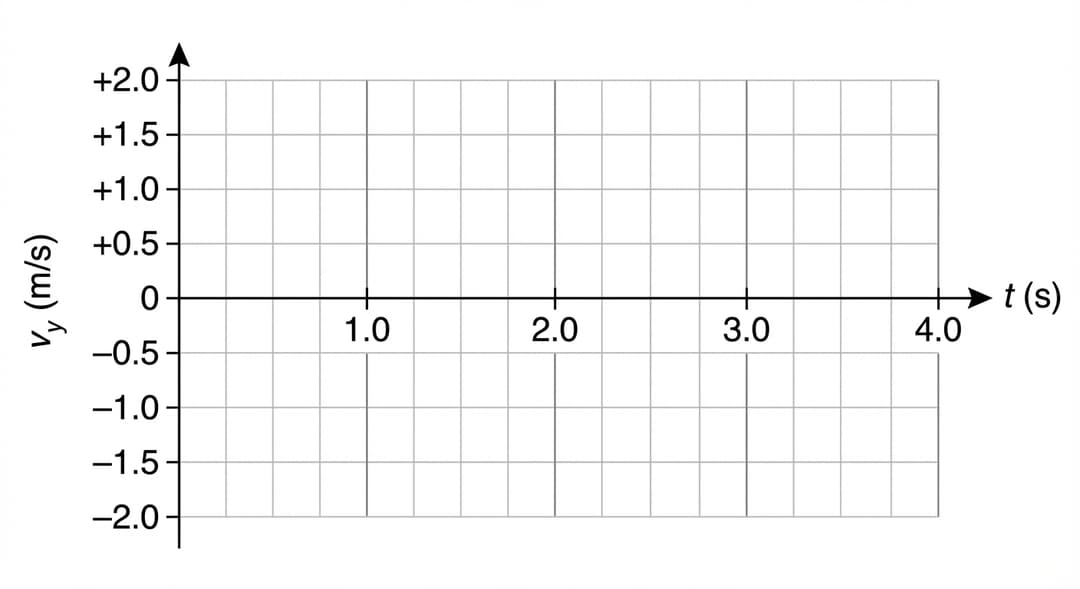 A blank set of graph axes with gridlines, prepared for a v_y versus t sketch.
Overall layout:
- The graph occupies most of the figure, with the axes centered and a light square grid covering the plotting area.
Axes (all required features included):
- Horizontal axis label: "t (s)" centered below the axis.
- Horizontal axis range: from 0 to 4.0.
- Horizontal tick marks and labels: ticks at every 1.0 s, with numeric labels shown at 0, 1.0, 2.0, 3.0, and 4.0.
- Vertical axis label: "v_y (m/s)" centered along the vertical axis.
- Vertical axis range: from −2.0 to +2.0.
- Vertical tick marks and labels: ticks at every 0.5 m/s, with numeric labels shown at −2.0, −1.5, −1.0, −0.5, 0, +0.5, +1.0, +1.5, and +2.0.
- Origin labeling: the intersection of the axes is explicitly labeled with the visible text "0" (at the v_y = 0 line and t = 0).
- Arrows: place arrowheads on the positive ends of both axes (right end of the t-axis, top end of the v_y-axis).
Gridlines:
- Light gray vertical gridlines aligned with each 0.5 s subdivision (minor grid) and darker gray gridlines aligned with each 1.0 s tick (major grid).
- Light gray horizontal gridlines aligned with each 0.5 m/s tick.
Curve/plot content:
- No curve is drawn in this figure (axes-only template). No points, no line segments, and no annotations other than axis labels, tick labels, and the origin label.
Numerical accuracy constraint (implicit from axes choice):
- The y-axis scale is chosen to cleanly include the expected constant lab-frame value v_y = 2.0·sin(30°) = 1.0 m/s without crowding, so +1.0 m/s is a labeled tick mark on the axis.