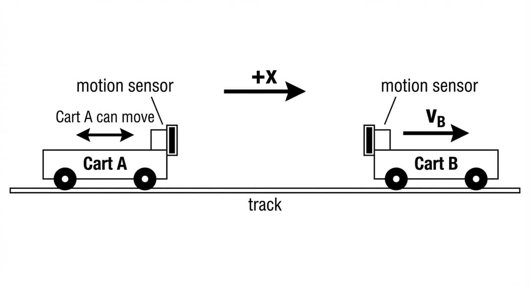 Black-and-white physics apparatus diagram (no perspective; clean textbook style) showing a single straight track with two carts and two motion sensors.
Overall layout:
- The track is drawn as two parallel horizontal rails forming a long, thin rectangle spanning nearly the full width of the figure.
- The track is centered vertically, with empty white space above and below for labels.
- A large arrow labeled "+x" is placed directly above the track near its center and points strictly to the right, indicating the positive direction along the track.
Cart placement (left-to-right order must be unambiguous):
- Cart A is positioned on the left half of the track, clearly left of the track’s midpoint.
- Cart B is positioned on the right half of the track, clearly right of the track’s midpoint.
- The horizontal gap between the two carts is large and visually obvious: the empty track space between them is wider than the length of either cart, so they are not close to touching.
Cart appearance (both carts consistent style):
- Each cart is a low rectangular body riding on the rails, with two visible wheels as solid circles.
- Each cart body has a bold label centered on the cart: the left cart labeled "Cart A" and the right cart labeled "Cart B".
Motion sensors (explicit orientation and placement):
- On Cart A: a small rectangular motion sensor is mounted on the RIGHT end (the front-facing end toward Cart B). The sensor’s "emitter/receiver" face is drawn as a dark vertical strip on its rightmost side.
- On Cart B: a small rectangular motion sensor is mounted on the LEFT end (the front-facing end toward Cart A). The sensor’s "emitter/receiver" face is drawn as a dark vertical strip on its leftmost side.
- Each sensor is labeled "motion sensor" with a short leader line pointing to the sensor body. The label for Cart A’s sensor sits above Cart A; the label for Cart B’s sensor sits above Cart B.
Direction arrows for cart motion (must match the written prompt):
- Near Cart B, include a single bold velocity arrow drawn just above Cart B, pointing strictly to the right and labeled "vB". This arrow communicates Cart B moves in the positive direction.
- Near Cart A, include a smaller double-headed arrow centered above Cart A (left-right arrowheads) labeled "Cart A can move" to indicate Cart A may move either direction during trials.
Track labeling:
- Centered below the track rails, place the label "track".
No numbers appear in this figure. No extra objects (no timers, photogates, or rulers) are shown. Only the track, two carts, two motion sensors, and the +x arrow are present.