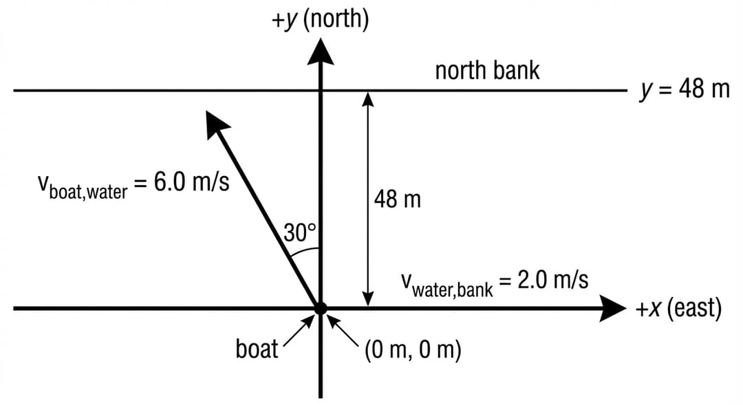 A clean physics vector diagram on a white background.
Coordinate system and origin:
- Draw a bold set of perpendicular axes crossing at the boat’s starting point.
- Label the intersection with visible text: "(0 m, 0 m)".
- Horizontal axis: arrow pointing to the right; label near the arrowhead: "+x (east)".
- Vertical axis: arrow pointing upward; label near the arrowhead: "+y (north)".
Boat at start:
- Place a small solid dot exactly at the axes intersection to represent the boat at t = 0.
- Label it "boat" with a short leader line pointing to the dot.
North bank line:
- Draw a perfectly straight horizontal line representing the north bank across the entire width of the diagram, positioned well above the origin so the origin is clearly below it.
- Place the line perpendicular to the +y axis (so it is flat/level).
- Label this line "north bank" centered above the line.
- Add a vertical distance annotation from the origin straight upward to the bank line: a thin vertical bracket or double-headed arrow aligned with the +y axis.
- Next to that vertical distance marker, place the text "48 m".
- Also place the equation-style label "y = 48 m" adjacent to the bank line (slightly above or on the line), making clear that the bank corresponds to that y-value.
Water velocity vector (water relative to riverbank):
- From the origin, draw a solid arrow strictly along the +x direction (perfectly horizontal to the right).
- Place the label along or just above this arrow: "v_water,bank = 2.0 m/s".
- Ensure the arrow direction is unambiguously east (rightward) with no vertical component.
Boat motor velocity vector (boat relative to water):
- From the origin, draw a second solid arrow pointing generally upward but tilted to the left of the +y axis.
- The arrow must make an angle of exactly 30° measured from the +y axis toward the −x direction (i.e., 30° west of north).
- Show this angle explicitly: draw a small curved angle arc at the origin between the +y axis and this boat-relative-to-water arrow on the left side of the +y axis.
- Label the angle arc with visible text "30°".
- Label the arrow itself (placed along the arrow or just beside it): "v_boat,water = 6.0 m/s".
Vector styling and clarity rules:
- Both velocity vectors originate exactly at the origin dot.
- Use medium-thick black arrows; arrowheads clearly visible.
- Keep labels readable and not overlapping.
- No extra vectors, no trajectory curve, and no additional numeric values besides 2.0 m/s, 6.0 m/s, 30°, (0 m, 0 m), 48 m, and y = 48 m.