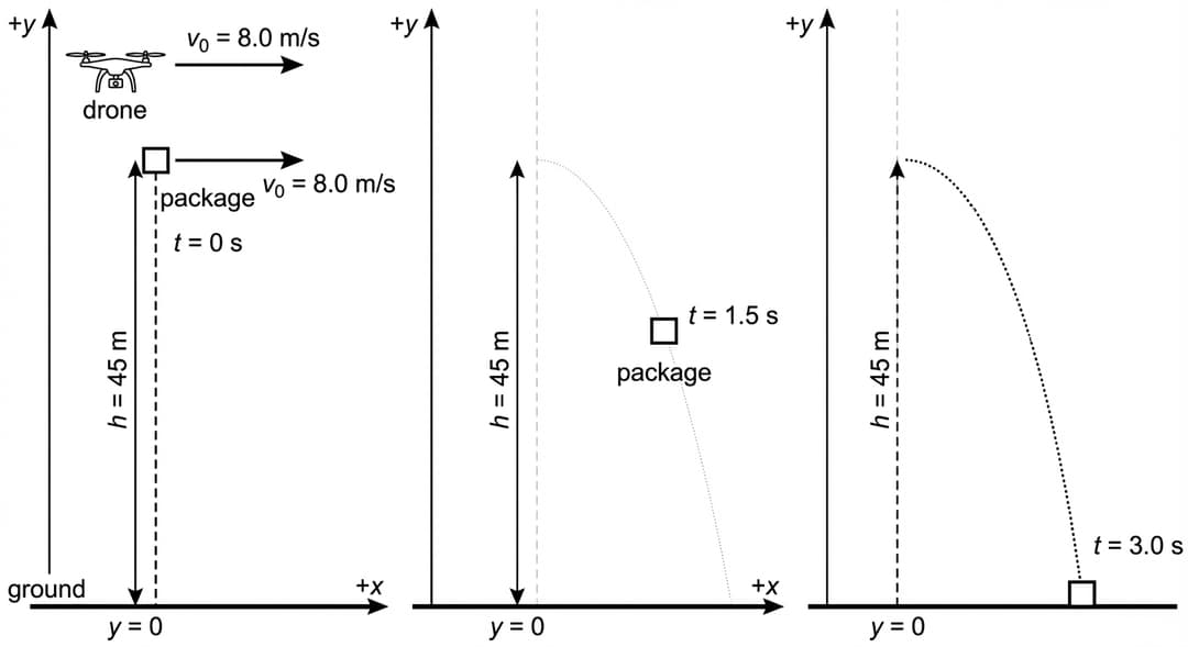 Three-panel, left-to-right sequence of the SAME coordinate system and ground line repeated in each panel (so heights and horizontal displacements can be compared).
Common elements in ALL THREE PANELS (identical placement and scale):
- A thick, straight horizontal ground line spans the full width of each panel, located near the bottom edge. The ground is labeled "ground" and also labeled "y = 0" near the left side of the ground line.
- A coordinate axis is drawn in each panel with the origin located on the ground line near the left margin:
- +x axis: a horizontal arrow pointing right, labeled "+x".
- +y axis: a vertical arrow pointing upward, labeled "+y".
- A vertical height indicator is shown: a dashed vertical line from the release point straight down to the ground line, with a double-headed measurement arrow along it labeled exactly "h = 45 m". This height marker is aligned with the release point in the left panel and repeated faintly (same x-position) in the middle and right panels as a reference.
LEFT PANEL (t = 0 s, instant of release):
- The drone appears only in this left panel, drawn in the upper-left region but horizontally aligned with the release point. The drone is a small body with rotors (recognizable as a drone) and is labeled "drone".
- Next to the drone, include visible text "v₀ = 8.0 m/s" with a long horizontal arrow pointing to the right to indicate the drone’s motion.
- The package is drawn directly below the drone (or hanging from it) at the top of the dashed height marker, clearly at height h above the ground. The package is a small filled square labeled "package".
- A velocity vector is drawn starting at the package and pointing purely to the right (perfectly horizontal). The vector is labeled "v₀ = 8.0 m/s".
- Time label near the package: "t = 0 s".
MIDDLE PANEL (t = 1.5 s):
- The package is shown lower than the release height and to the right of the dashed height reference line (indicating forward motion). The package is drawn as the same filled square and labeled "package".
- A faint dotted trajectory curve is drawn from the release location (aligned with the dashed height marker) down and to the right to the package’s current position, showing a projectile path that is concave downward (opening downward), with the curve getting steeper as it moves right.
- Time label near the package: "t = 1.5 s".
- No drone is drawn in this panel.
RIGHT PANEL (t = 3.0 s, impact with ground):
- The package is drawn on the ground line (its bottom edge touching the ground line) and to the right of the release vertical reference line by a clearly noticeable horizontal displacement (farther right than in the middle panel). The package remains the same filled square and labeled "package".
- The dotted trajectory continues from the middle panel’s package position down to this ground contact point, remaining smooth and concave downward.
- Time label next to the package on the ground: "t = 3.0 s".
Critical numerical/physics constraints that must be reflected visually:
- The middle-panel package must be exactly halfway in time between 0 s and 3.0 s, so it must appear partway along the trajectory, not near the ground.
- The right-panel package must be exactly on the ground line at t = 3.0 s (not above or below).
- The release height label must read exactly "h = 45 m".
- The initial velocity label must read exactly "v₀ = 8.0 m/s" and must be drawn strictly horizontal.
Style/clarity:
- Use clean black lines on a white background.
- All labels are printed clearly and do not overlap the package or axes.