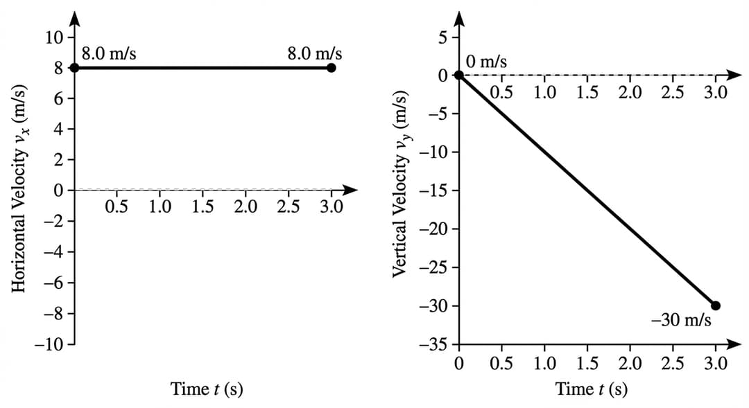 Two separate Cartesian graph grids arranged side-by-side with equal height and equal width.
LEFT GRAPH: Horizontal velocity component vₓ versus time
Axes (REQUIRED, with visible tick numbers):
- Horizontal axis labeled exactly "Time t (s)".
- Time range from 0 to 3.0, with tick marks and printed tick labels at 0, 0.5, 1.0, 1.5, 2.0, 2.5, and 3.0.
- Vertical axis labeled exactly "Horizontal Velocity vₓ (m/s)".
- vₓ range from -10 to 10, with tick marks and printed tick labels every 2 m/s (…, -10, -8, -6, -4, -2, 0, 2, 4, 6, 8, 10).
- The origin is labeled "0" at the axes intersection.
- Arrows on the positive ends of both axes.
- A light dashed horizontal reference line at vₓ = 0 across the entire grid.
Curve to be drawn (solid black, medium thickness):
- The curve is a perfectly horizontal straight line (constant function) across the entire time interval.
- It begins at t = 0 on the left boundary at the level marked 8 on the vₓ axis, with a closed circle marker at the start.
- It stays exactly at vₓ = 8.0 m/s for all times shown (no slope, no curvature).
- It ends at t = 3.0 on the right boundary still at vₓ = 8.0 m/s, with a closed circle marker at the end.
Required endpoint labels:
- Near the left endpoint, print the value label "8.0 m/s".
- Near the right endpoint, print the value label "8.0 m/s".
RIGHT GRAPH: Vertical velocity component vᵧ versus time
Axes (REQUIRED, with visible tick numbers):
- Horizontal axis labeled exactly "Time t (s)".
- Time range from 0 to 3.0, with tick marks and printed tick labels at 0, 0.5, 1.0, 1.5, 2.0, 2.5, and 3.0.
- Vertical axis labeled exactly "Vertical Velocity vᵧ (m/s)".
- vᵧ range from -35 to 5, with tick marks and printed tick labels every 5 m/s (…, -35, -30, -25, -20, -15, -10, -5, 0, 5).
- The origin is labeled "0" at the axes intersection.
- Arrows on the positive ends of both axes.
- A light dashed horizontal reference line at vᵧ = 0 across the entire grid.
Curve to be drawn (solid black, medium thickness):
- The curve is a straight line with constant negative slope (no curvature), representing constant downward acceleration.
- It starts at t = 0 exactly on the dashed vᵧ = 0 line (initial vertical velocity is zero) with a closed circle marker.
- It decreases linearly, crossing the tick labeled -10 exactly at t = 1.0.
- It continues decreasing linearly to reach the tick labeled -30 exactly at t = 3.0, ending with a closed circle marker.
Required endpoint labels:
- Near the start point at t = 0, print the value label "0 m/s".
- Near the end point at t = 3.0, print the value label "-30 m/s".
Line/visual constraints for both graphs:
- Use only one plotted curve per grid.
- Do not add any additional annotations besides the endpoint value labels specified.
- Keep gridlines light so the black curve is dominant.