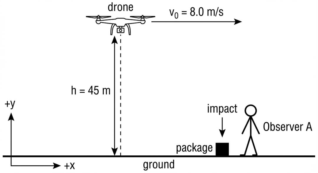 Single-panel side-view diagram on a white background.
Ground and axes:
- A thick horizontal ground line spans the entire width near the bottom of the diagram and is labeled "ground".
- A coordinate system is drawn at the left side with the origin on the ground line:
- +x axis is a horizontal arrow pointing right labeled "+x".
- +y axis is a vertical arrow pointing up labeled "+y".
Drone:
- The drone is drawn in the upper-left-to-middle region, clearly far above the ground line.
- A vertical dashed height marker drops straight down from the drone to the ground line.
- Next to this marker, a double-headed measurement arrow is labeled exactly "h = 45 m".
- A long horizontal velocity arrow is drawn at the drone’s height pointing to the right, labeled exactly "v₀ = 8.0 m/s".
Package at landing:
- A small filled square representing the package is drawn on the ground line in the right half of the diagram (clearly to the right of the vertical height marker), with its bottom edge touching the ground line to indicate contact.
- The package is labeled "package".
- Optionally (if space allows without clutter), a short vertical arrow pointing downward at the package labeled "impact" can be included, but no numeric value is attached to it.
Observer A:
- A human stick-figure labeled exactly "Observer A" stands on the ground line.
- Observer A is positioned immediately adjacent to the package landing location, on the same ground line, facing toward the package.
- The observer’s feet rest on the ground line, emphasizing they are stationary on the ground.
Spatial relationships that must be unambiguous:
- Drone is directly above the dashed height marker and at height labeled h = 45 m.
- Package is on the ground and horizontally displaced to the right of the point directly below the drone.
- Observer A is at the landing location of the package (not under the drone).
