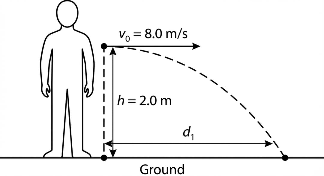 Single-panel physics diagram (no graph) of a horizontal projectile launch.
Overall layout:
- Draw a single straight ground line across the full width of the panel near the bottom edge. Label this line "Ground" centered beneath it.
- Above the ground line, place a student on the left side of the panel, standing upright on the ground.
Release point and height marking (must be unambiguous):
- Mark the ball’s release point as a small solid black dot located to the right of the student’s torso, at about the student’s chest height.
- Directly below the release dot, on the ground line, mark a reference point with a small solid black dot. This is the point on the ground "directly below" the release.
- Draw a vertical dashed line from the release dot straight down to the reference dot on the ground, showing perfect vertical alignment.
- Next to this vertical dashed line, draw a vertical double-headed measurement arrow whose top endpoint is level with the release dot and whose bottom endpoint touches the ground line.
- Label this vertical measurement arrow exactly "h = 2.0 m" with the text placed beside the arrow, centered vertically.
Initial velocity of the ball (must be perfectly horizontal):
- From the release dot, draw a straight horizontal arrow pointing to the right (no upward or downward tilt). The arrow must start exactly at the release dot.
- Label this arrow exactly "v₀ = 8.0 m/s" placed just above the arrow shaft.
Flight and landing depiction:
- Show the ball’s trajectory as a smooth dashed curve starting at the release dot and curving downward toward the ground line (parabolic shape opening downward).
- Mark the landing point as a small solid black dot located on the ground line to the right of the vertical dashed drop line.
- Ensure the dashed trajectory ends exactly at the landing dot on the ground line.
Horizontal distance d₁ (exact endpoints and alignment):
- On the ground line, draw a horizontal double-headed measurement arrow from the reference dot (directly below the release) to the landing dot.
- The measurement arrow must lie directly on top of (or immediately above) the ground line, with its left arrowhead exactly at the reference dot and its right arrowhead exactly at the landing dot.
- Label this measurement arrow exactly "d₁" centered above the arrow.
Text/labels present in the image (exact):
- "Ground"
- "h = 2.0 m"
- "v₀ = 8.0 m/s"
- "d₁"
Styling constraints:
- Use solid lines for ground and velocity arrow, dashed lines for the vertical drop line and the projectile trajectory.
- No grid, no axes, no extra numbers beyond those listed.