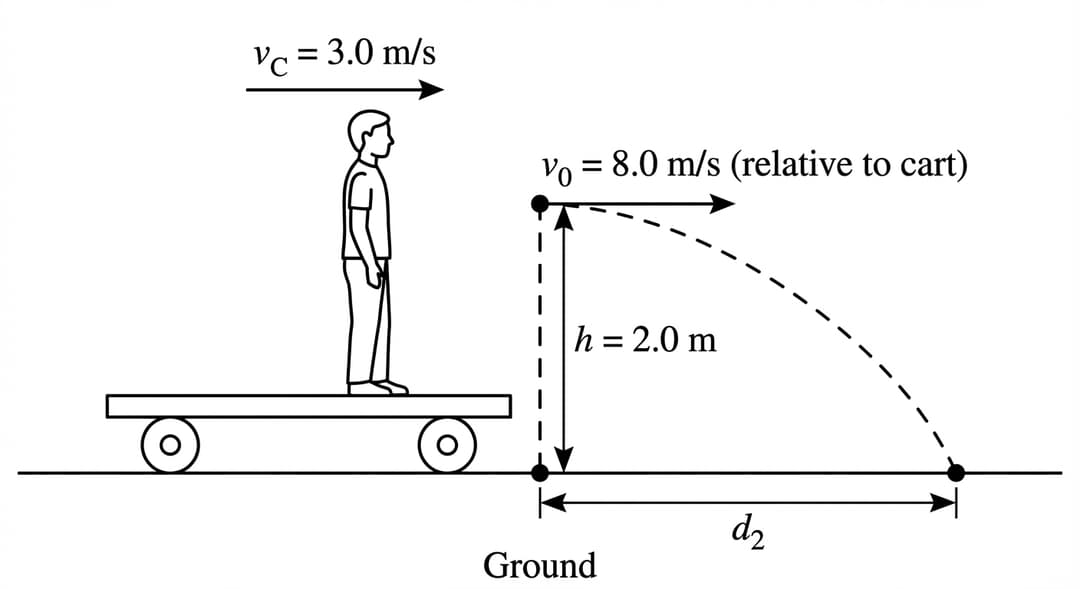 Single-panel physics diagram (no graph) of a horizontal projectile launch from a moving cart.
Overall layout:
- Draw a single straight ground line across the full width of the panel near the bottom edge. Label this line "Ground" centered beneath it.
- Place a flatbed cart resting on the ground line in the left half of the panel. The cart is a low rectangle with two visible wheels touching the ground line.
- Draw a student standing upright on top of the cart bed, positioned near the cart’s center.
Cart motion (must be clearly separate from the throw speed):
- Draw a straight horizontal arrow pointing to the right above the cart (or attached to the cart body) to indicate cart velocity.
- Label this cart-velocity arrow exactly "vᴄ = 3.0 m/s" placed just above the arrow shaft.
Release point and height marking (must match Scenario 1 height exactly):
- Mark the ball’s release point as a small solid black dot located to the right of the student’s torso, at about the student’s chest height (above the cart bed).
- Directly below the release dot, on the ground line (not on the cart), mark a reference point with a small solid black dot. This is the point on the ground "directly below" the release at the instant of release.
- Draw a vertical dashed line from the release dot straight down to the ground reference dot, showing perfect vertical alignment.
- Next to this vertical dashed line, draw a vertical double-headed measurement arrow with top endpoint level with the release dot and bottom endpoint touching the ground line.
- Label this vertical measurement arrow exactly "h = 2.0 m" with the text placed beside the arrow, centered vertically.
Throw speed relative to the cart (must be labeled as relative-to-cart):
- From the release dot, draw a straight horizontal arrow pointing to the right (no upward or downward tilt). The arrow must start exactly at the release dot.
- Label this arrow exactly "v₀ = 8.0 m/s (relative to cart)" placed just above the arrow shaft.
Flight and landing depiction:
- Show the ball’s trajectory as a smooth dashed curve starting at the release dot and curving downward to the ground line (parabolic shape opening downward).
- Mark the landing point as a small solid black dot located on the ground line to the right of the vertical dashed drop line.
- Ensure the dashed trajectory ends exactly at the landing dot on the ground line.
Horizontal distance d₂ (exact endpoints and alignment):
- On the ground line, draw a horizontal double-headed measurement arrow from the ground reference dot (directly below the release) to the landing dot.
- The measurement arrow must lie directly on top of (or immediately above) the ground line, with its left arrowhead exactly at the ground reference dot and its right arrowhead exactly at the landing dot.
- Label this measurement arrow exactly "d₂" centered above the arrow.
Text/labels present in the image (exact):
- "Ground"
- "vᴄ = 3.0 m/s"
- "h = 2.0 m"
- "v₀ = 8.0 m/s (relative to cart)"
- "d₂"
Styling constraints:
- Use solid lines for ground and velocity arrows, dashed lines for the vertical drop line and projectile trajectory.
- Keep the ground line visually identical to Figure 1’s ground line style to emphasize same reference frame.
- No grid, no axes, no extra numbers beyond those listed.