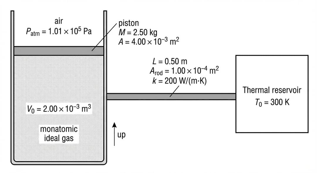 A clean black-and-white physics apparatus diagram with no background grid.
Overall layout (top-to-bottom, left-to-right):
- A tall, vertical cylindrical container occupies the left half of the diagram. The cylinder is drawn as a long rectangle with slightly rounded corners to suggest a cylinder, with a closed bottom and an open top.
- A movable piston is drawn inside the cylinder as a thick horizontal disk/plate that completely spans the cylinder’s inner width, forming a tight seal. The piston is positioned in the upper half of the cylinder, leaving a larger gas region below it than the empty region above it.
- The region below the piston is the gas. It is lightly shaded (or filled with sparse dots) and explicitly labeled inside the region as “monatomic ideal gas”.
- The region above the piston is outside air. It is left unshaded and labeled “air” with the pressure written clearly as “P_atm = 1.01×10^5 Pa”. This text is placed in the space above the piston, not inside the gas region.
Piston details and labels:
- The piston plate is labeled “piston” with a short leader line pointing to its center.
- Next to that label, include the given piston mass exactly as visible text: “M = 2.50 kg”.
- Also label the piston’s cross-sectional area as visible text: “A = 4.00×10^−3 m^2”. Place this area label next to the piston label so it is clearly associated with the piston, not the rod.
- The piston is shown as horizontal (perfectly level), emphasizing a vertical cylinder.
Gas volume label:
- Inside the shaded gas region, place the volume label as visible text: “V0 = 2.40×10^−3 m^3”.
- The label is centered within the gas region to make it unambiguous that V0 refers to the gas volume below the piston.
Thermal connection (rod) and reservoir:
- A solid metal rod connects the cylinder wall to a thermal reservoir. The rod is drawn as a straight horizontal bar extending from the right side wall of the cylinder to a large block representing the reservoir in the right half of the diagram.
- The rod attaches to the cylinder at mid-height of the gas region (so it is clearly thermally connected to the gas through the cylinder wall, not to the air above the piston).
- The rod is drawn thinner than the piston but thicker than label leader lines, so it is clearly a physical component.
- Directly above the rod, place three separate text labels (or one grouped label) identifying the rod parameters exactly as written:
- “L = 0.50 m”
- “A_rod = 1.00×10^−4 m^2”
- “k = 200 W/(m·K)”
These labels must be visually tied to the rod with a single leader line pointing to the rod’s midpoint.
Thermal reservoir block:
- At the right end of the rod, draw a large rectangular block (larger than the cylinder’s width) to represent a “large thermal reservoir”.
- Inside the block, place the label “Thermal reservoir” and the temperature as visible text: “T0 = 300 K”.
- The reservoir block is drawn so that the rod clearly enters and terminates at the left face of the reservoir.
Clarity cues:
- Add a small vertical arrow near the cylinder indicating the vertical direction, labeled “up” at the arrowhead (no coordinates).
- Do NOT include any forces in this figure (forces belong in the separate force-diagram figure).
- All numeric values must appear exactly as:
M = 2.50 kg; A = 4.00×10^−3 m^2; P_atm = 1.01×10^5 Pa; V0 = 2.40×10^−3 m^3; L = 0.50 m; A_rod = 1.00×10^−4 m^2; k = 200 W/(m·K); T0 = 300 K.
Line style:
- Cylinder outline, piston, rod, and reservoir are solid black lines of medium thickness.
- Shading of the gas region is light and uniform (stippling or light gray fill).