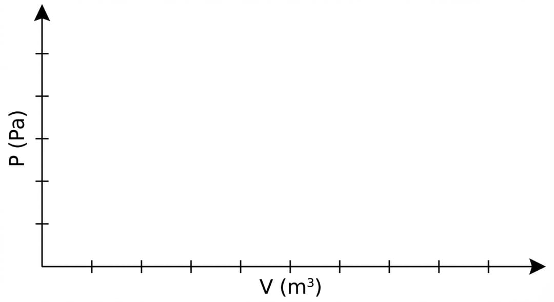 A blank P–V graph template with clearly labeled axes on a white background.
Axes appearance and placement:
- The horizontal axis runs left to right across the bottom of the graph area with a right-pointing arrowhead at its far right end.
- The vertical axis runs bottom to top along the left side of the graph area with an upward-pointing arrowhead at its top end.
- The axes intersect at the bottom-left corner of the plotting region, forming a clear origin.
Axis labels (visible text):
- Vertical axis label: “P (Pa)” written parallel to the vertical axis, centered along its height.
- Horizontal axis label: “V (m^3)” written below the horizontal axis, centered along its length.
Tick marks and numbers:
- Include evenly spaced tick marks on both axes, but DO NOT include any numerical tick labels (no numbers). This is required because the prompt provides no pressure or volume plotting range for Figure 2.
- The first tick mark on each axis is placed a short distance from the origin to make the origin visually distinct.
Other requirements:
- No curve is drawn (students will sketch the process).
- No grid lines.
- No title inside the plotting area.
- The plotting area is otherwise empty.