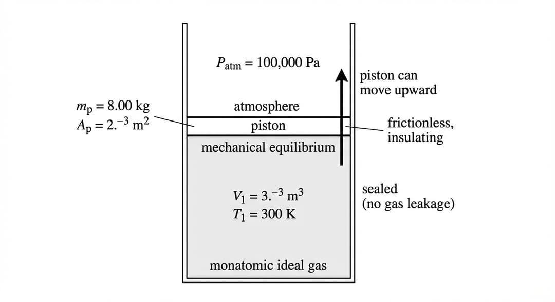 Black-and-white line diagram of a vertical cylinder-and-piston apparatus, centered on the page.
Overall geometry and layout:
- Draw a tall, upright cylinder with straight vertical sidewalls and a flat bottom. The cylinder is shown as a 2D cross-section (a rectangle with an open top), occupying the central half of the figure width and most of the figure height.
- The top of the cylinder is open to the outside atmosphere.
Piston:
- Inside the cylinder, draw a horizontal piston disk as a thick, straight horizontal line spanning the full inner width of the cylinder.
- Place the piston clearly in the upper half of the cylinder, leaving a gas region below it and an atmosphere region above it.
- On the piston, place the label text exactly: "piston".
- Next to the piston (connected by a short leader line), include BOTH given piston properties as visible text on two separate lines:
- "m_p = 8.00 kg"
- "A_p = 2.00 × 10^−3 m^2"
- Add a note on/near the piston reading exactly: "frictionless, insulating".
Gas region (below piston):
- The region inside the cylinder below the piston is the gas volume. Lightly shade this region (very light gray) to distinguish it from the region above the piston.
- Centered within this shaded region, place a two-line label that includes the initial-state variables exactly as visible text:
- "V_1 = 3.00 × 10^−3 m^3"
- "T_1 = 300 K"
- Add an additional label near the same region reading exactly: "monatomic ideal gas".
Atmosphere region (above piston):
- The region above the piston up to the open top of the cylinder is unshaded and represents the outside air.
- In this upper region (not inside the gas), place the label exactly: "P_atm = 1.00 × 10^5 Pa".
- Also include the word "atmosphere" near that label.
Motion indication:
- Draw a single, bold, vertical arrow immediately to the right of the piston, pointing straight upward.
- Place the text "piston can move upward" next to this arrow.
Sealing statement:
- Near the cylinder sidewall (mid-height), add a short note reading exactly: "sealed (no gas leakage)".
Mechanical equilibrium cue:
- Place a small text note near the piston reading exactly: "mechanical equilibrium".
No axes, no graph grid, no additional numbers beyond those listed above.